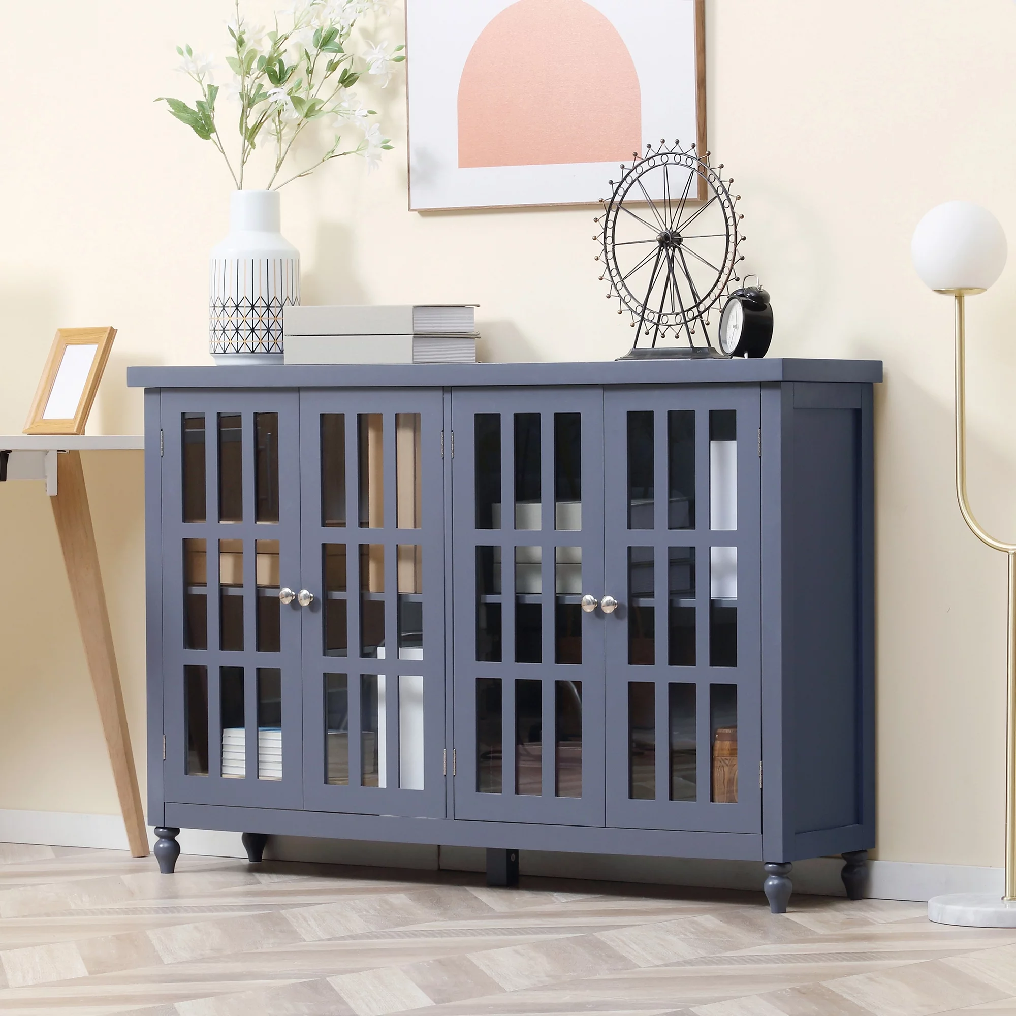 HOMCOM Sideboard, Buffet Cabinet with Storage, Adjustable Shelves, Credenza with 4 Glass Doors for Living Room, Study, Gray