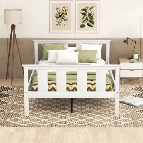 Wood Platform Bed Full Size Bed Frame with Headboard and Footboard, White