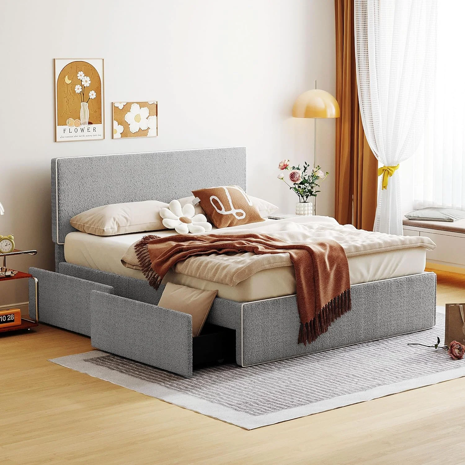 Full Size Upholstered Platform Bed With 4 Storage Drawers, Headboard & Footboard, Fleece Fabric Full Storage Bed Frame For Bedroom, Gray