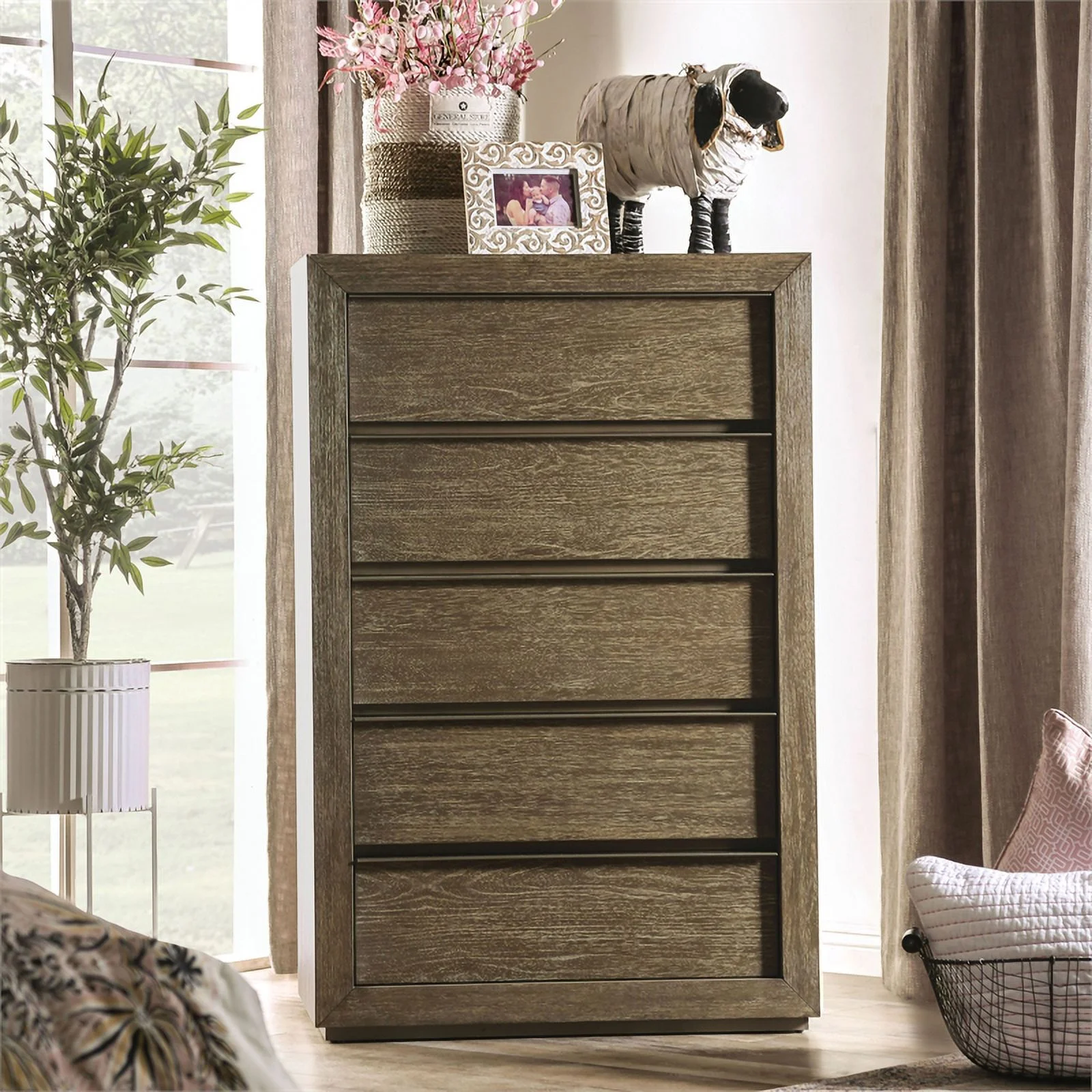 Furniture of America Camile Rustic Wood 5-Drawer Chest in Light Walnut