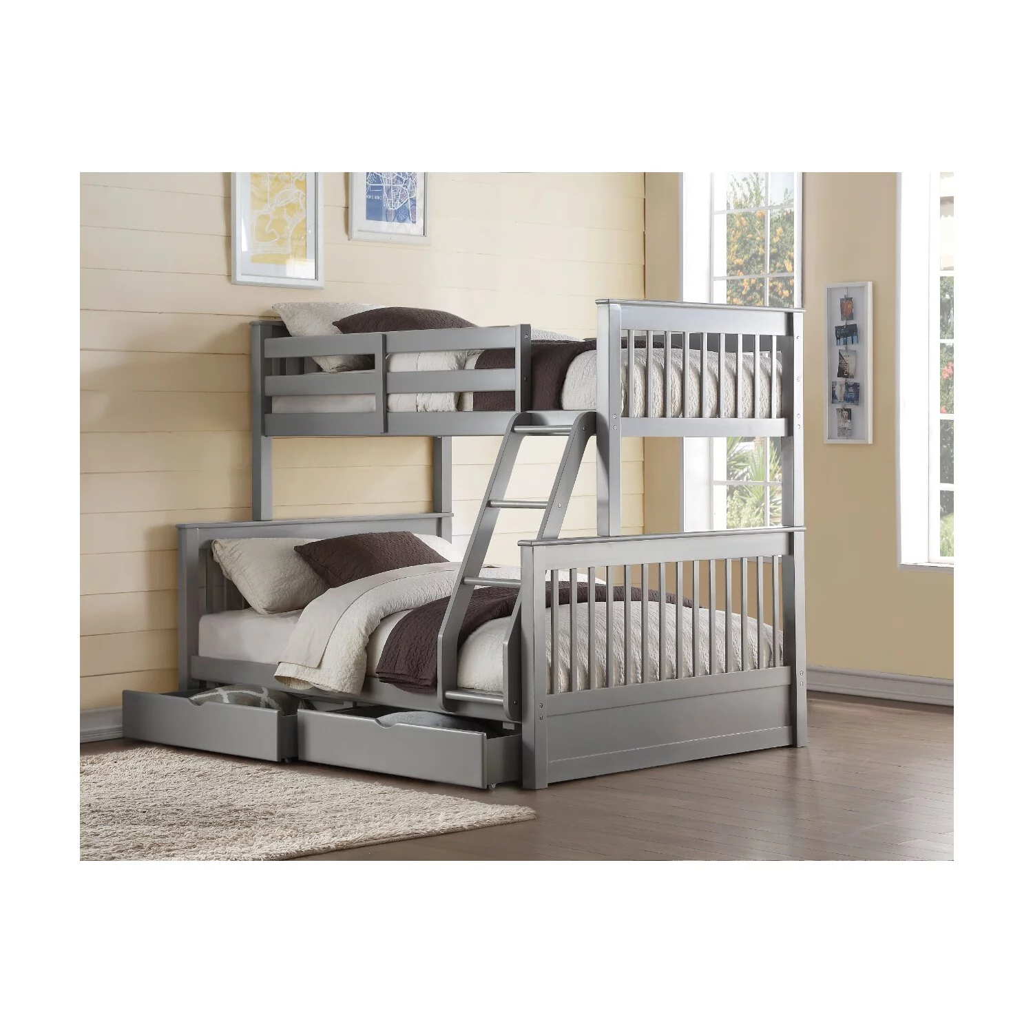 BenJara Wooden Twin/Full Bunk Bed with 2 Drawers, Gray