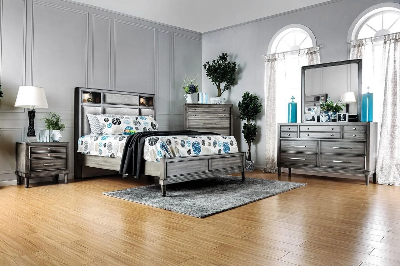 Gray Finish Wood/Fabric King Bedroom Set 5 Pcs Daphne Furniture of America
