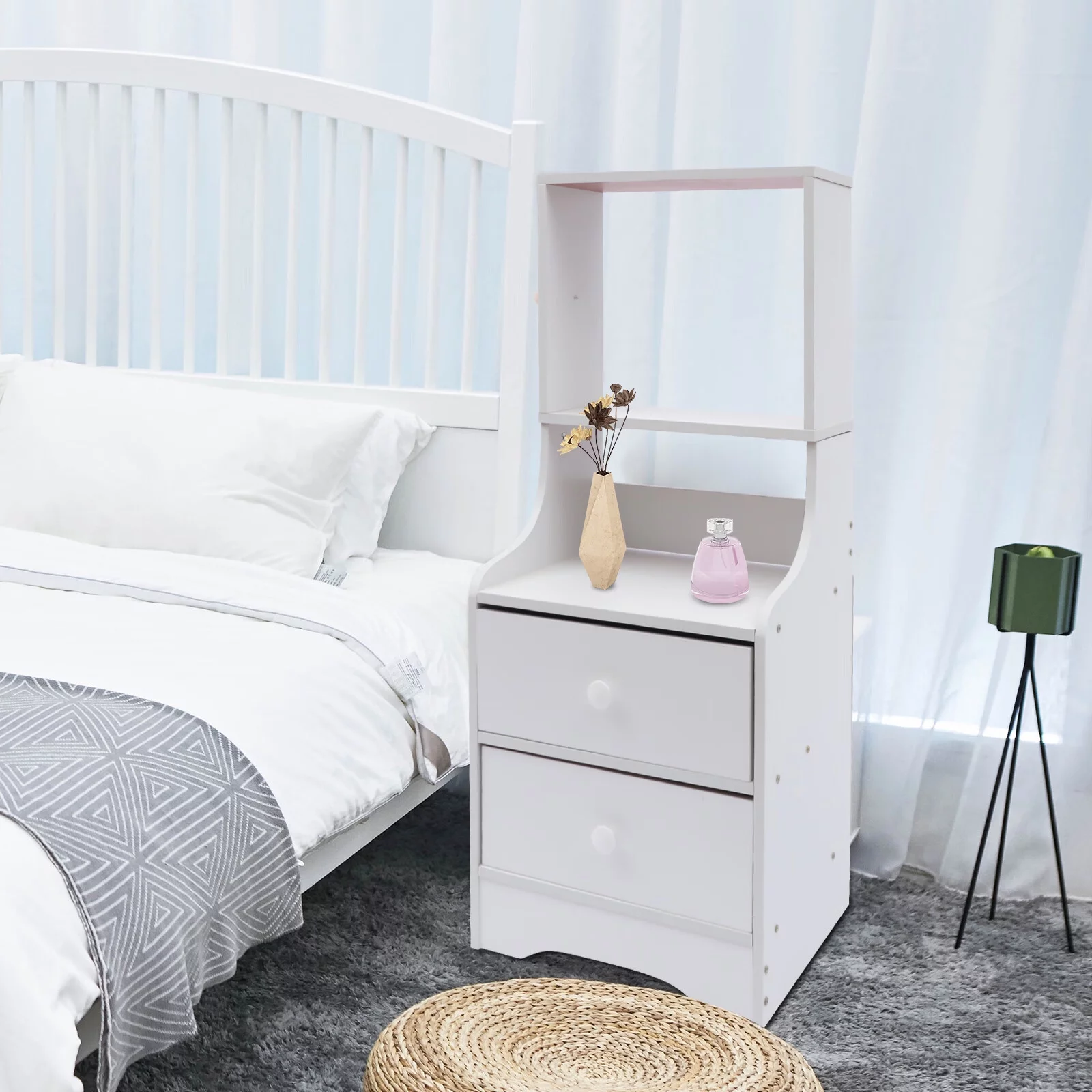 Bedside Table Nightstand Tall Bed End Table with Storage Shelf and 2 Drawers for Bedroom Living Room Study 2 Tier White