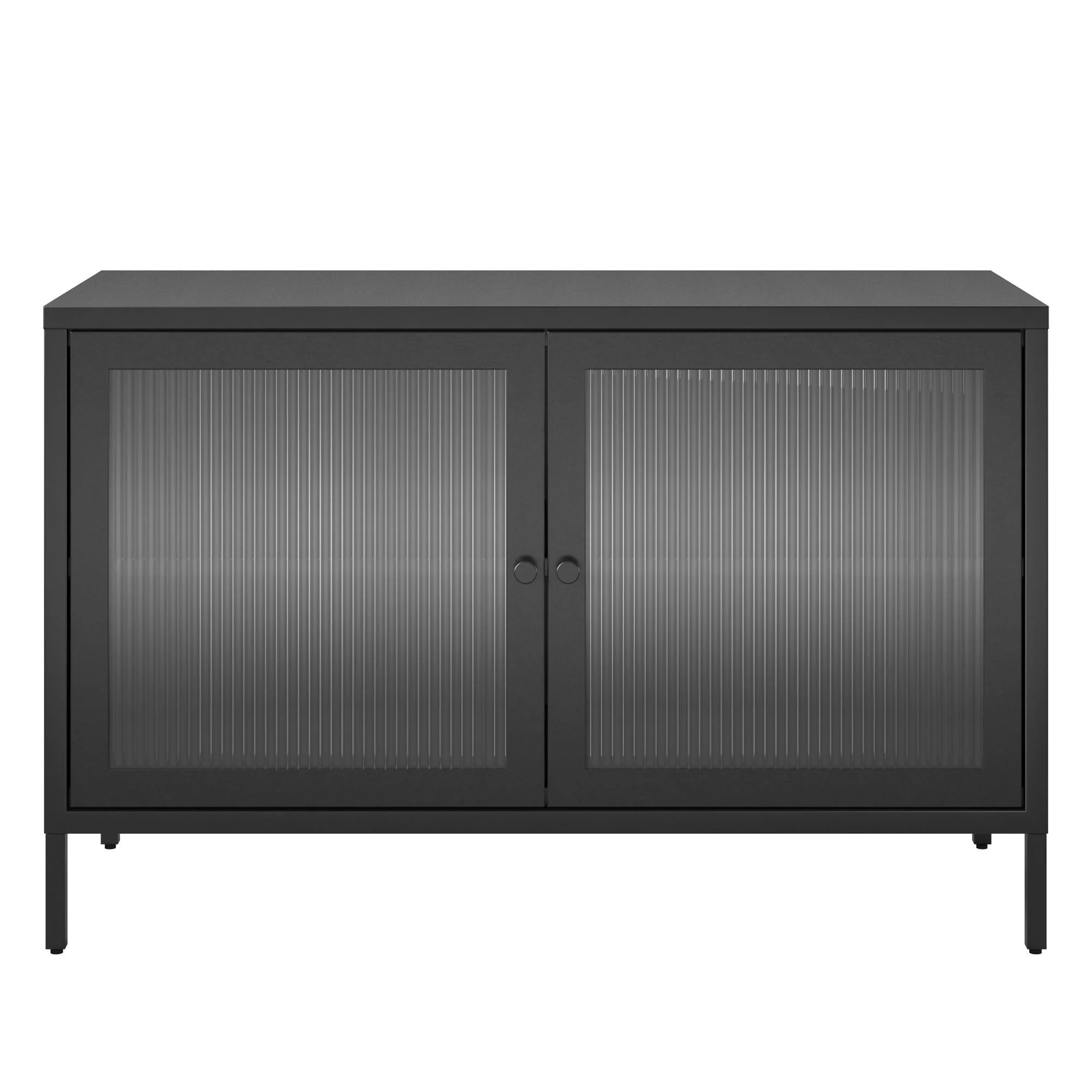 RealRooms Shadwick 2 Door Wide Metal Locker Accent Cabinet-Fluted Glass Doors, Black