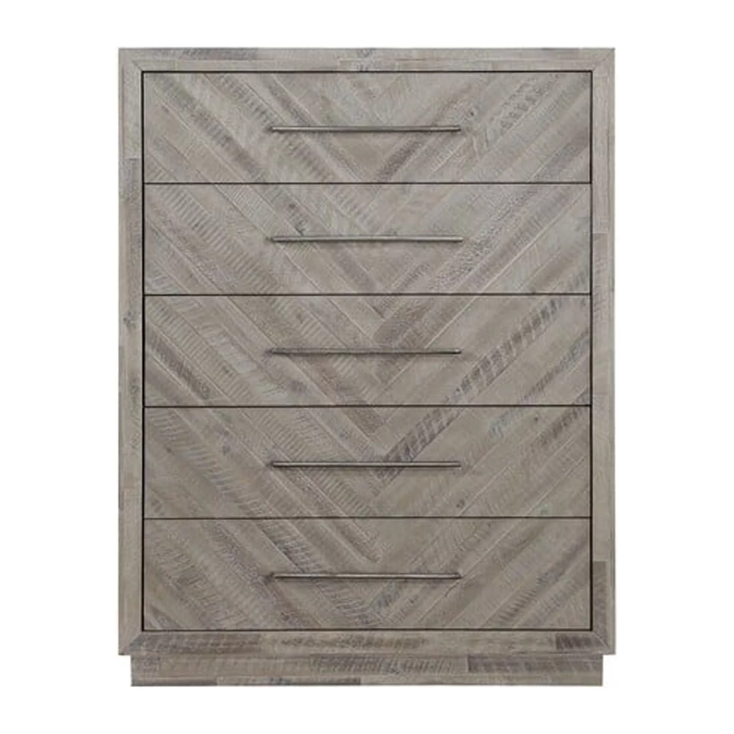 Benjara 5 Drawer Chest with Herringbone Pattern and Bar Handles, Weathered Brown