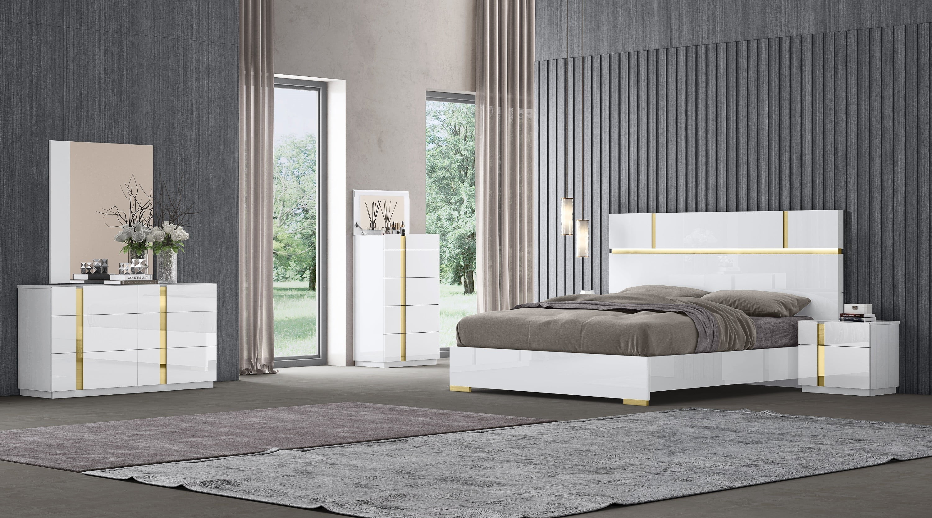 J&M Furniture Kyoto Premium Bedroom with 6 piece queen bed, chest , dresser , mirror and 2 nightstand , queen bedroom set