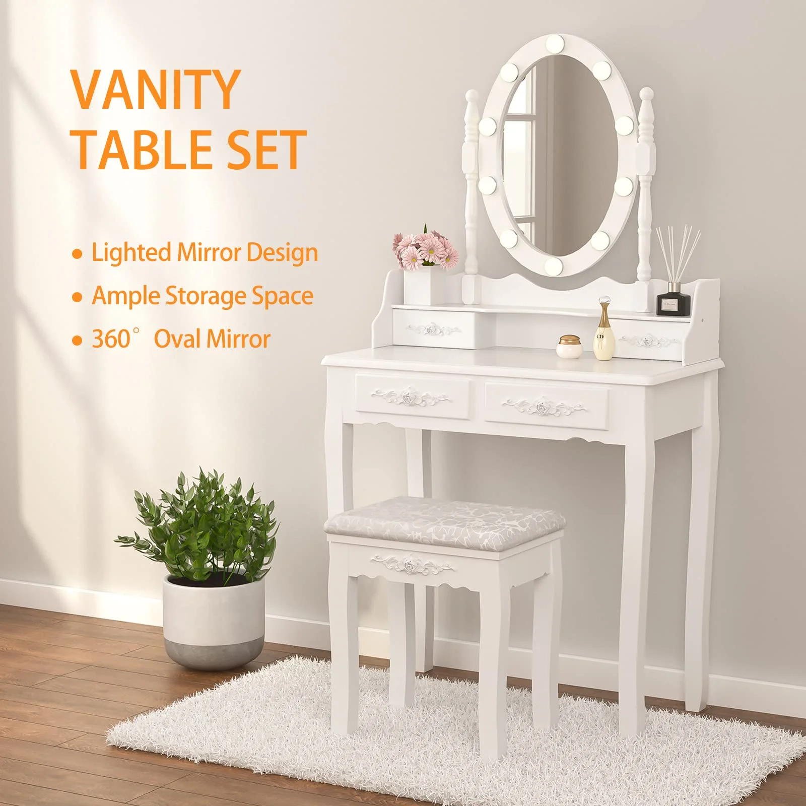 Alohappy Girls Makeup Vanity Set, Dressing Table Desk with Lighted Mirror and Stool, Makeup Table with 4 Drawers for Bedroom, Bathroom, White (Vanity with Lighted Mirror)