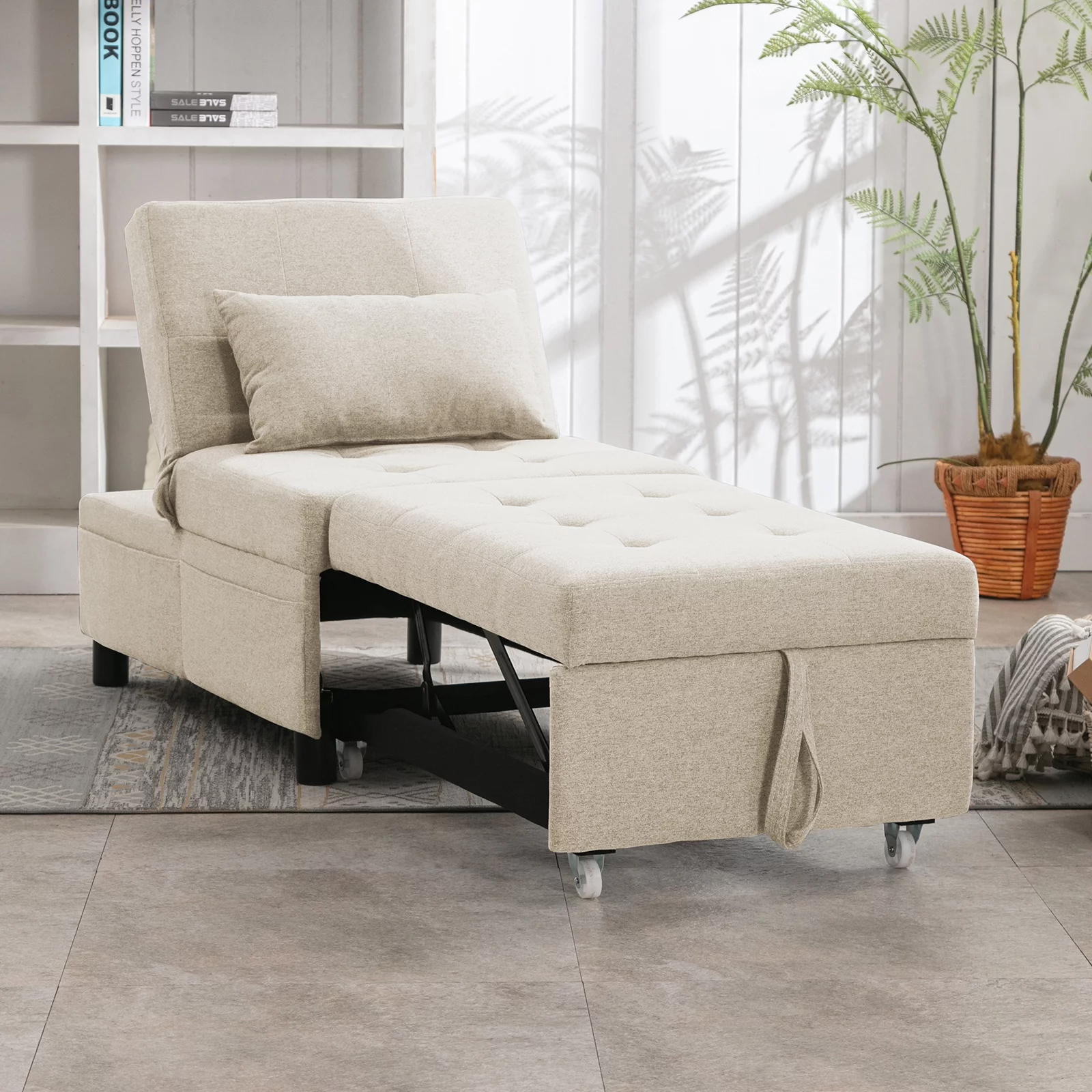 MUZZ Convertible 4-in-1 Sleeper Chair with Adjustable Backrest,Storage and Pillow, Memory Foam Pull Out Sofa Bed,Pull Out Couch for Compact Spaces Living Room(No Assemble Need,Beige)