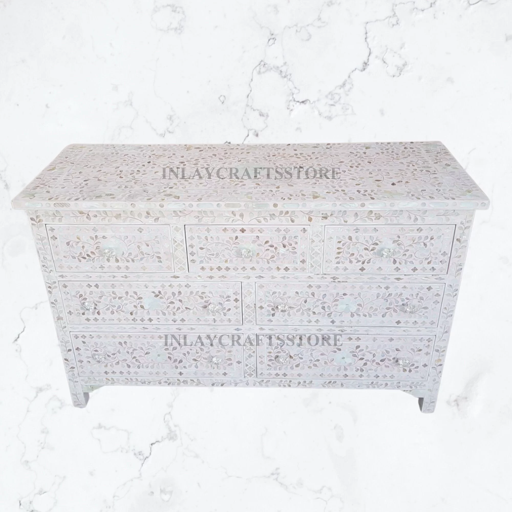 LAKECITY ARTS Mother of Pearl Floral Design Chest of 7 Drawers Light Pink, Mother of Pearl Floral Design Dresser Light Pink , MOP Storage Unit