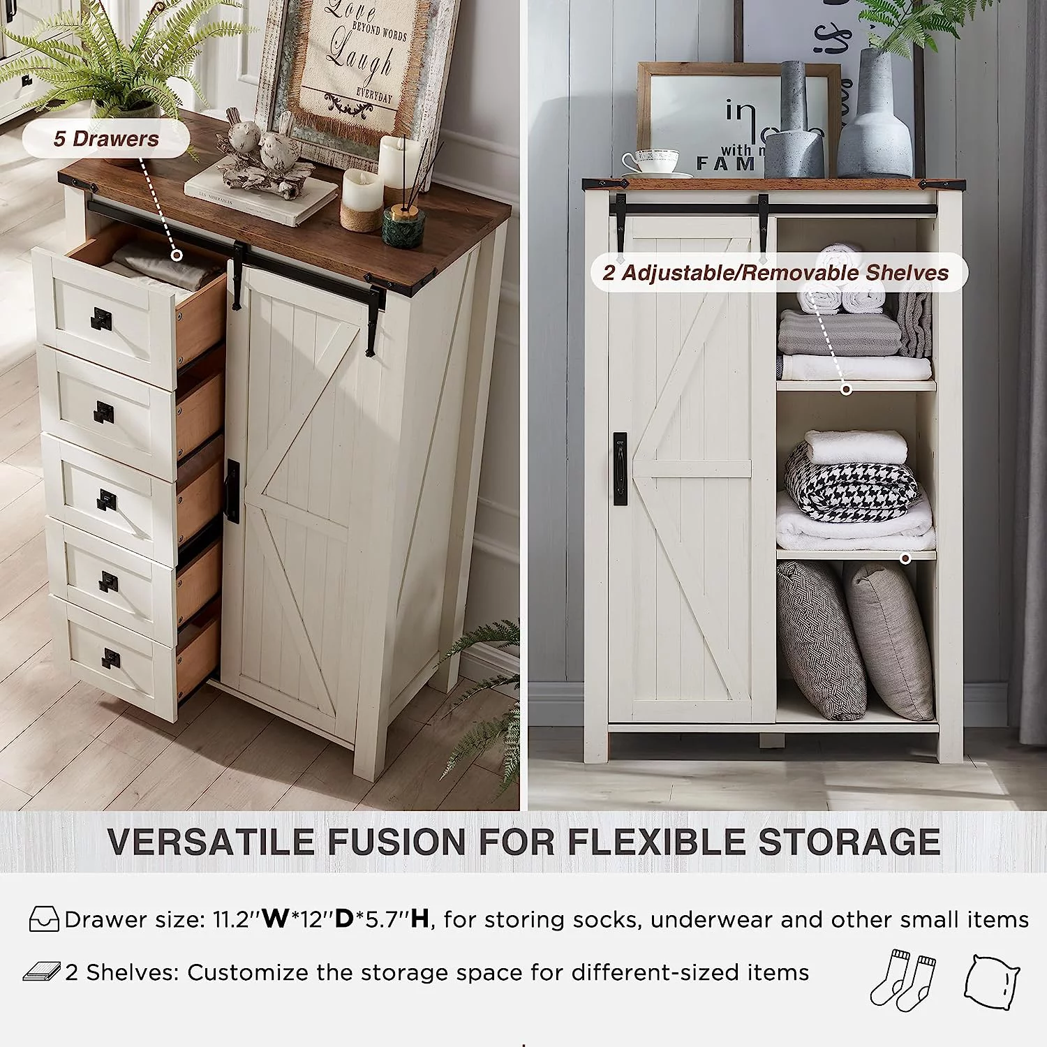 OKD 5 Drawer White Dresser with Sliding Barn Door, Farmhouse Modern Storage Cabinet for Bedroom, White Chest of Drawers Wood Organizer for Living Room