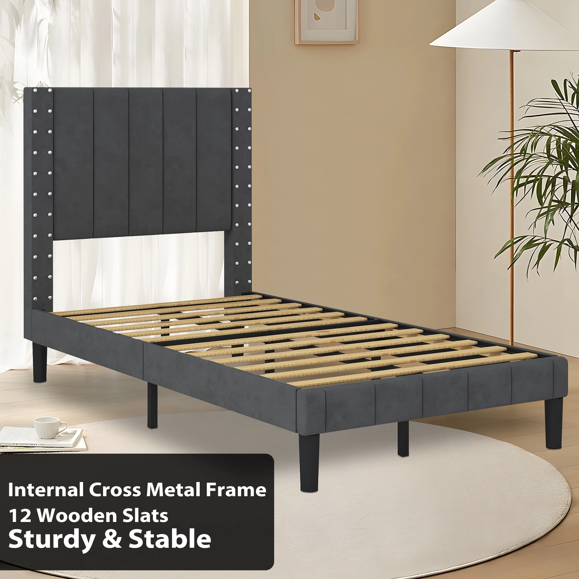 SYNGAR Twin Bed Frame, Twin Size Fabric Upholstered Platform Bed Frame with Headboard, Bedroom Furniture Metal Frame Platform Bed Frame, No Box Spring Needed, Grey