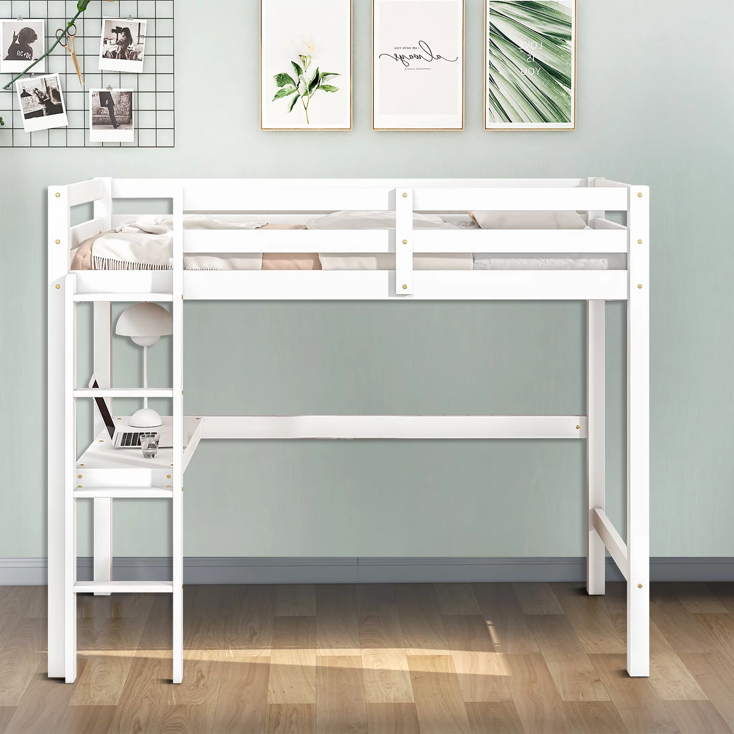 Minimalist and Multifunctional Twin-size Wooden Loft Bed with A Ladder and A Built-in desk, White