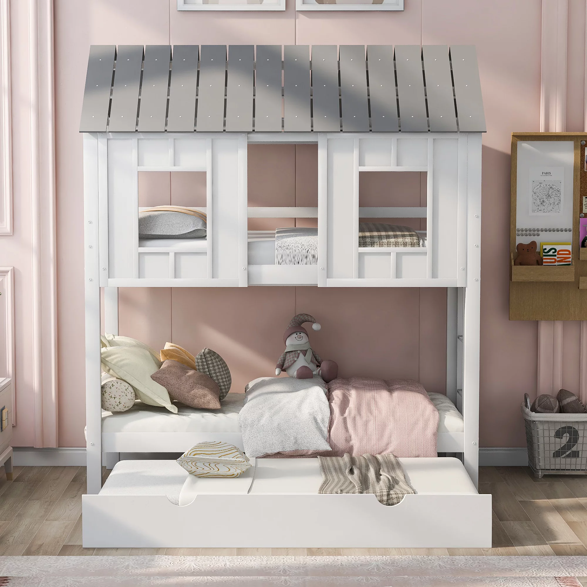 Twin Over Twin House Shaped Solid Wood Bunk Bed with Roof, Window, Guardrail and Ladder for Kids, Teens, Girl or Boys Loft with Trundle