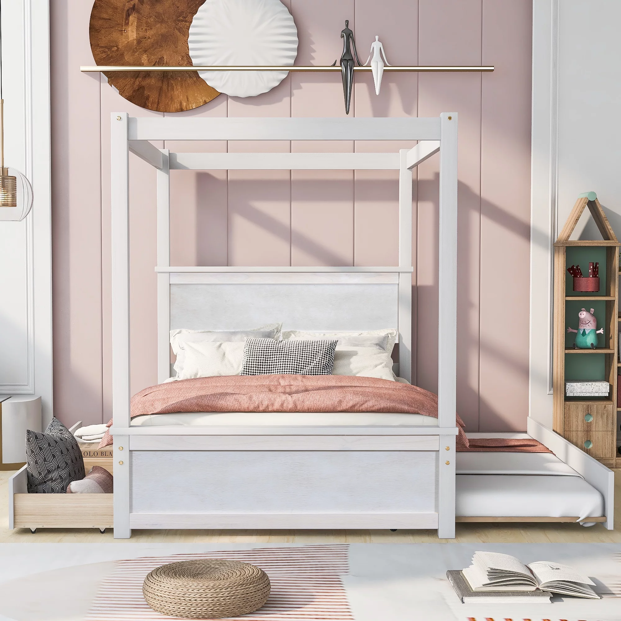 CoSoTower Wood Canopy Bed with Trundle Bed and Two Drawers , Full Size Canopy Platform Bed with Support Slats .No Box Spring Needed, Brushed White