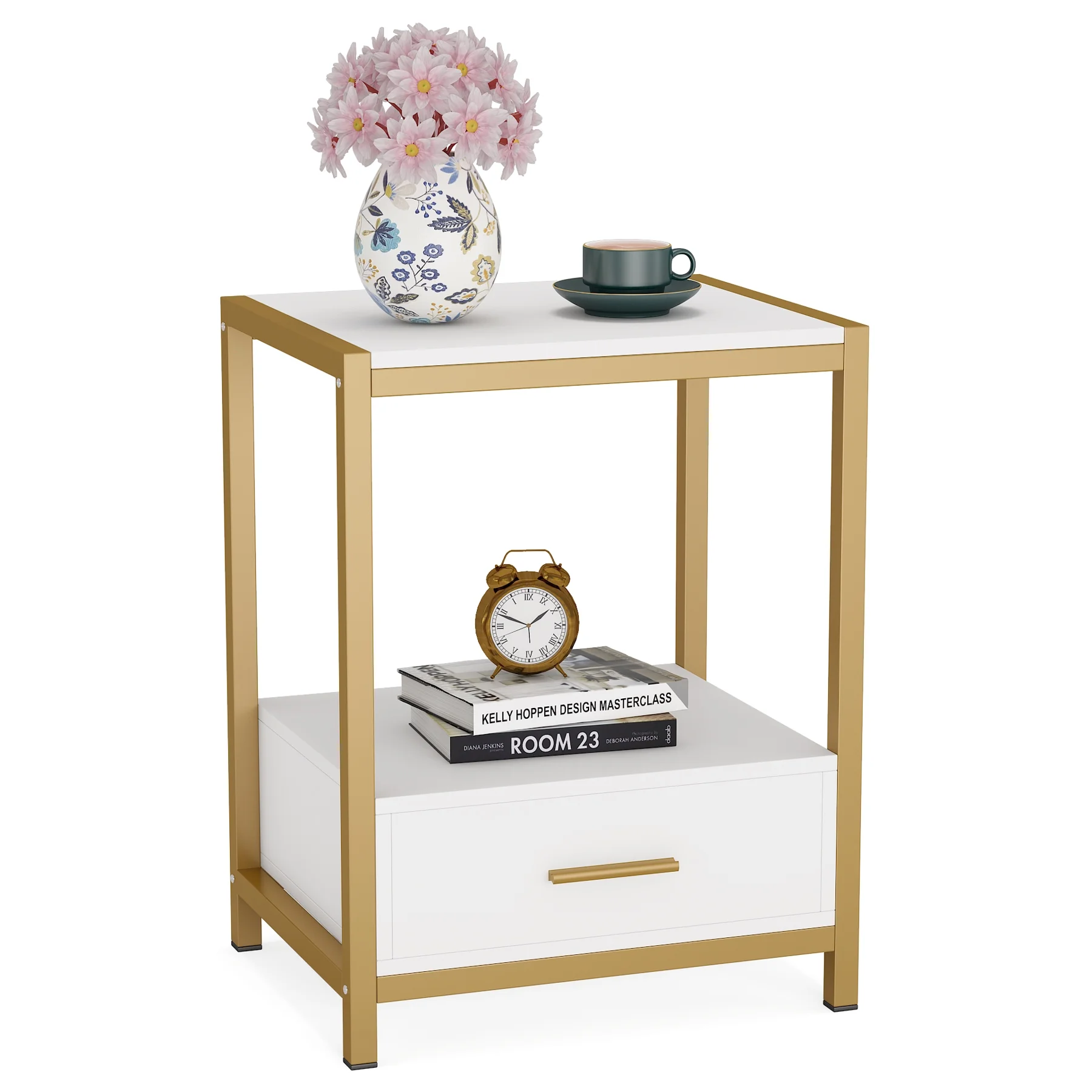 Tribesigns 25 inch Tall Gold Nightstands with Drawers and Storage Shelf Modern Bedside Table End Table Side Table for