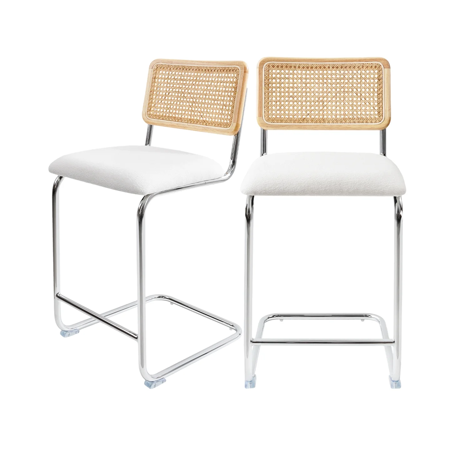 GrandNoor White Modern Counter Height Bar Stools Set of 2 with Natural Rattan Cane and Solid Wood Backs, 24 Inch Upholstery with Metal Chrome Legs Mid Century Bar Chairs
