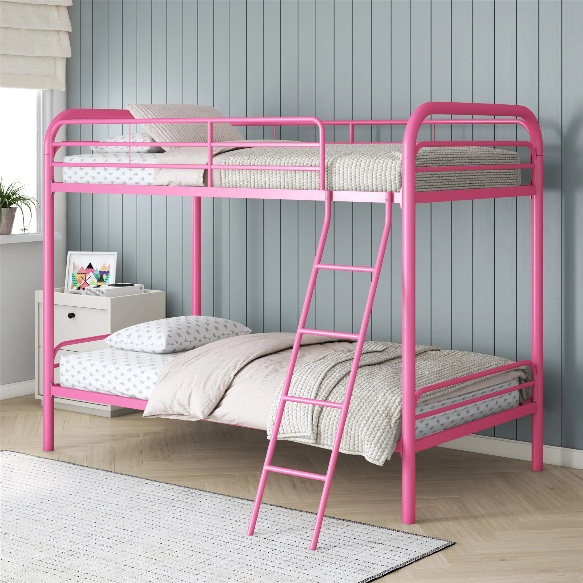 DHP Dusty Twin over Twin Metal Bunk Bed with Secured Ladder, Pink