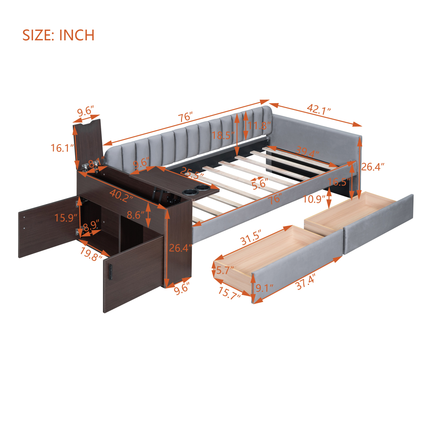 Churanty Twin Size Daybed with Drawers and Charging Station, Upholstered Daybed with Storage Arms, Cup Holders & Side Pockets, Twin Sofa Bed Daybed Frame, Grey