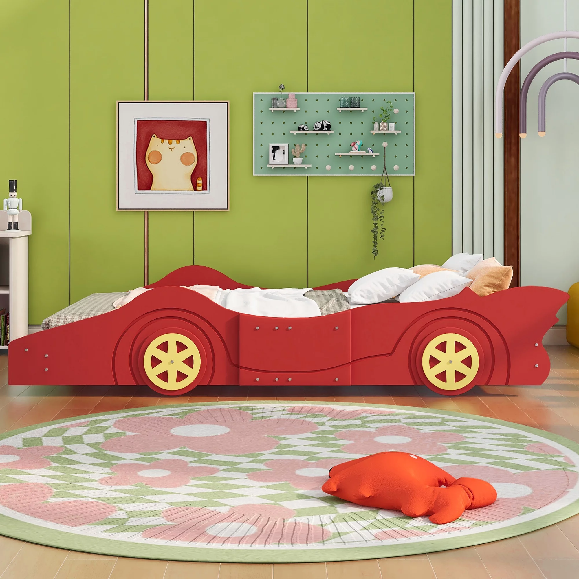 HSUNNS Full Size Kids Bed for Boys Girls Toddlers, Wood Race Car-Shaped Platform Bed with 2 Sides Safety Rails and Wheels for Kids' Room Bedroom Apartment, Cute Sofa Bed Floor Bed, Red