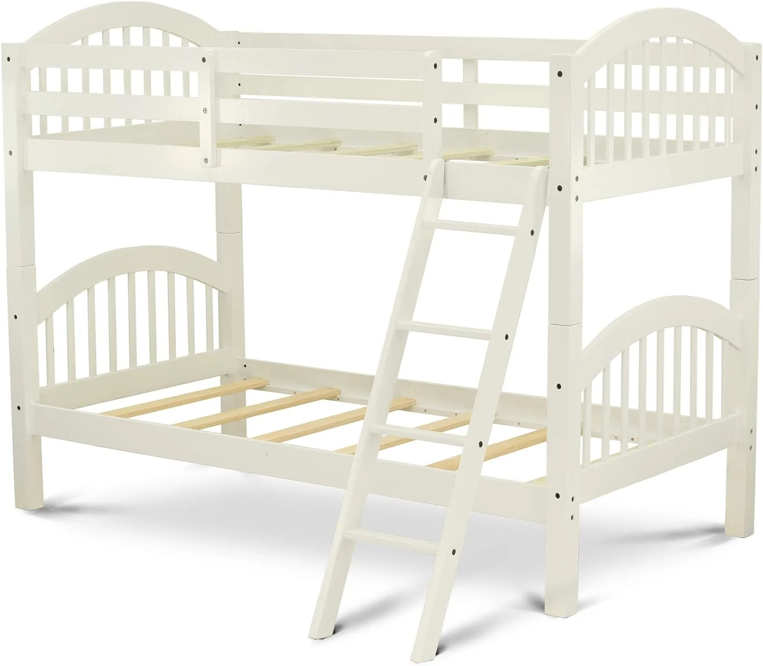 Aracive Bunk wo Separae Real Wood Beds Ladder Wih Four Seps And Guard Rails-/ Size Bed & Linen, Linen Whie Finish