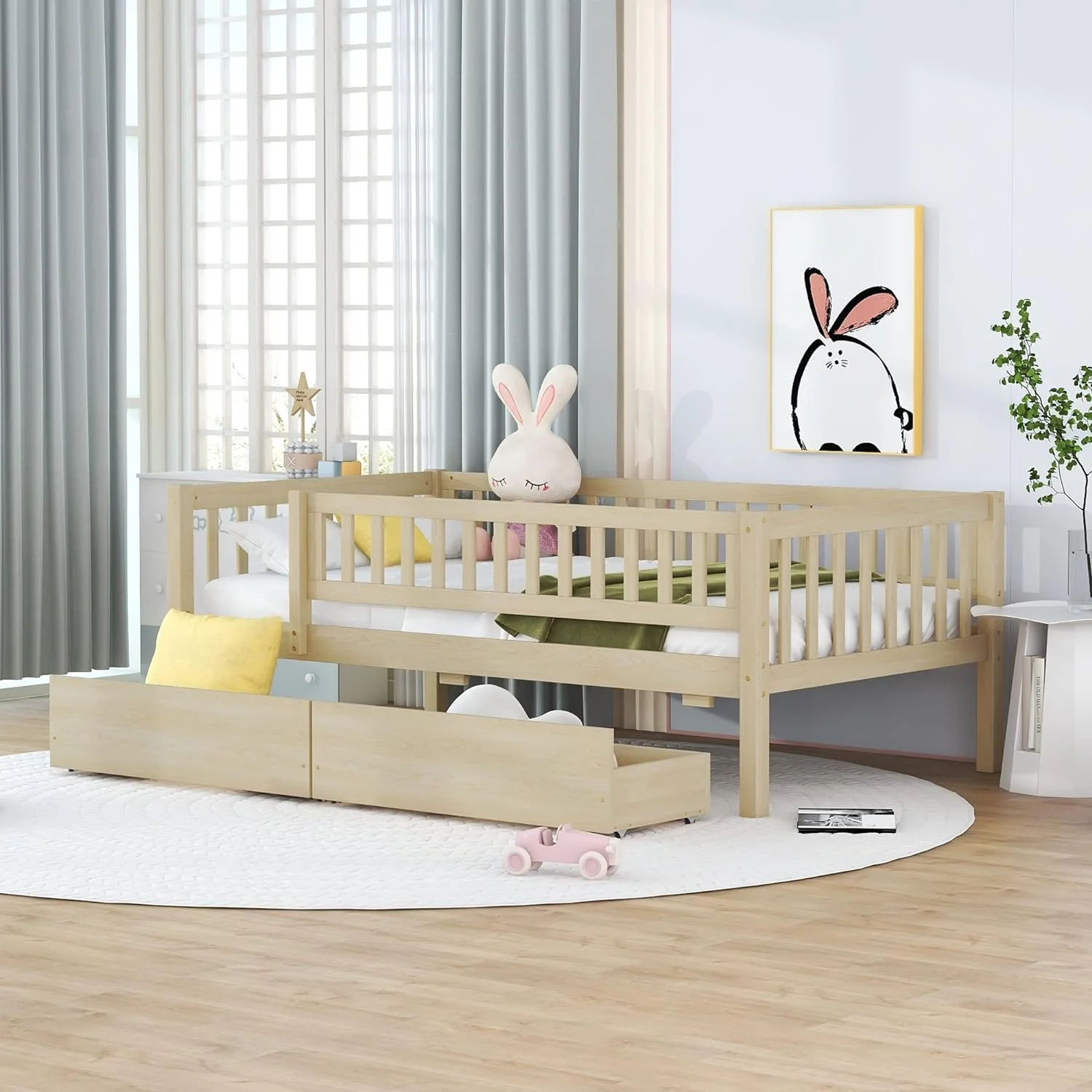Size Bed Frame With Fece Railigs Ad Storage Drawers, Woode Motessori Kids Beds With Slats Support, Dual-Use Daybed For Bedroom Ad Livig Room, atural