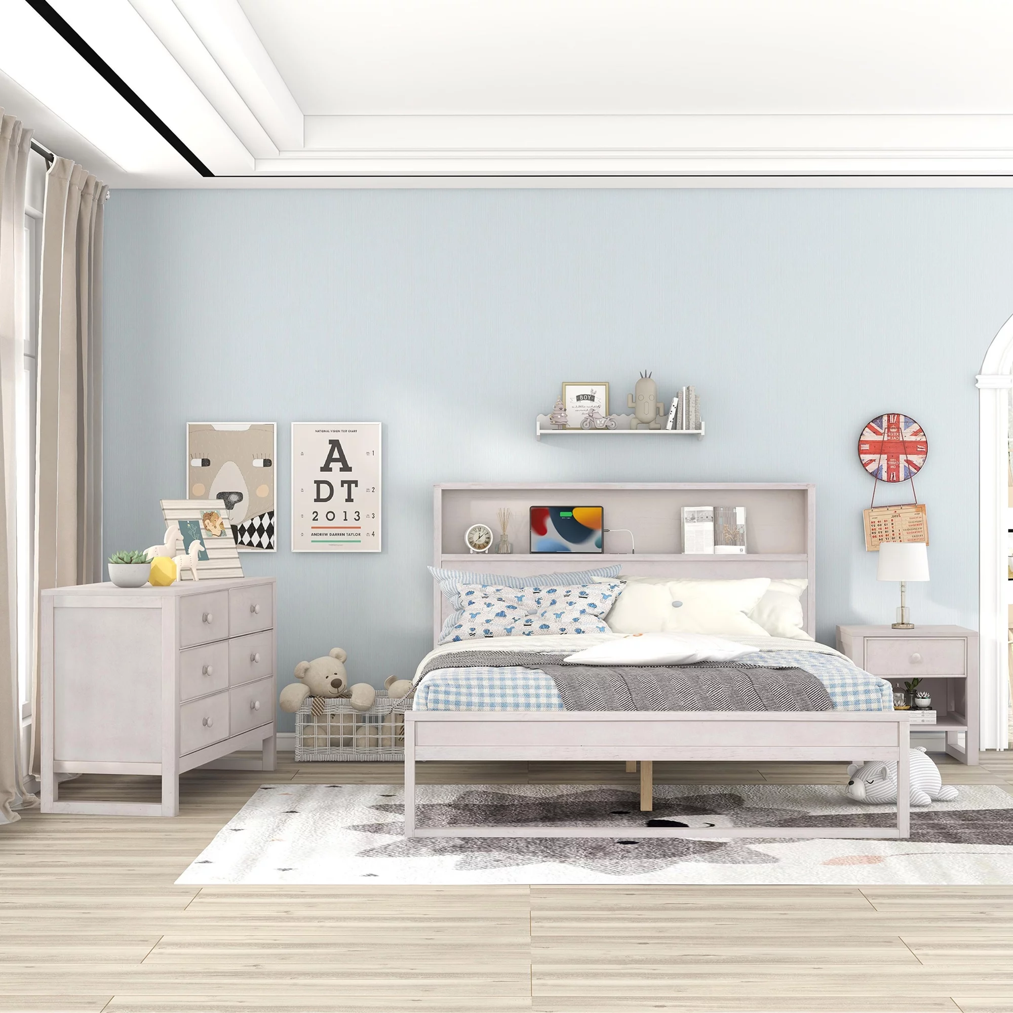 3-Pieces Bedroom Sets Queen Size Platform Bed with Nightstand and Dresser,Antique White
