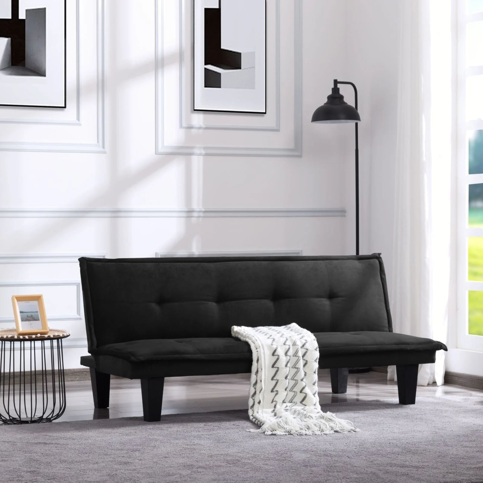 BSHTI 63.8 inch Futon Sofa Bed,Black Faux Suede Upholstered Sofa Couch,Convertible Sleeper Futon Sofa Bed for Livingroom