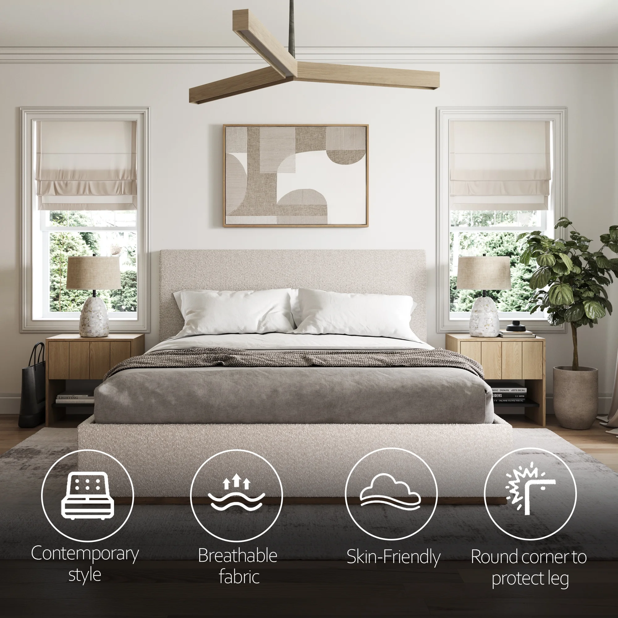 Modern King Bed Frame with Headboard - Upholstered King Size - Monaco Bed - Free Assembly, Sturdy Wood Platform Bedframe, Strong Wooden Slats, Strong Weight Capacity, Non-Slip and Noise-Free