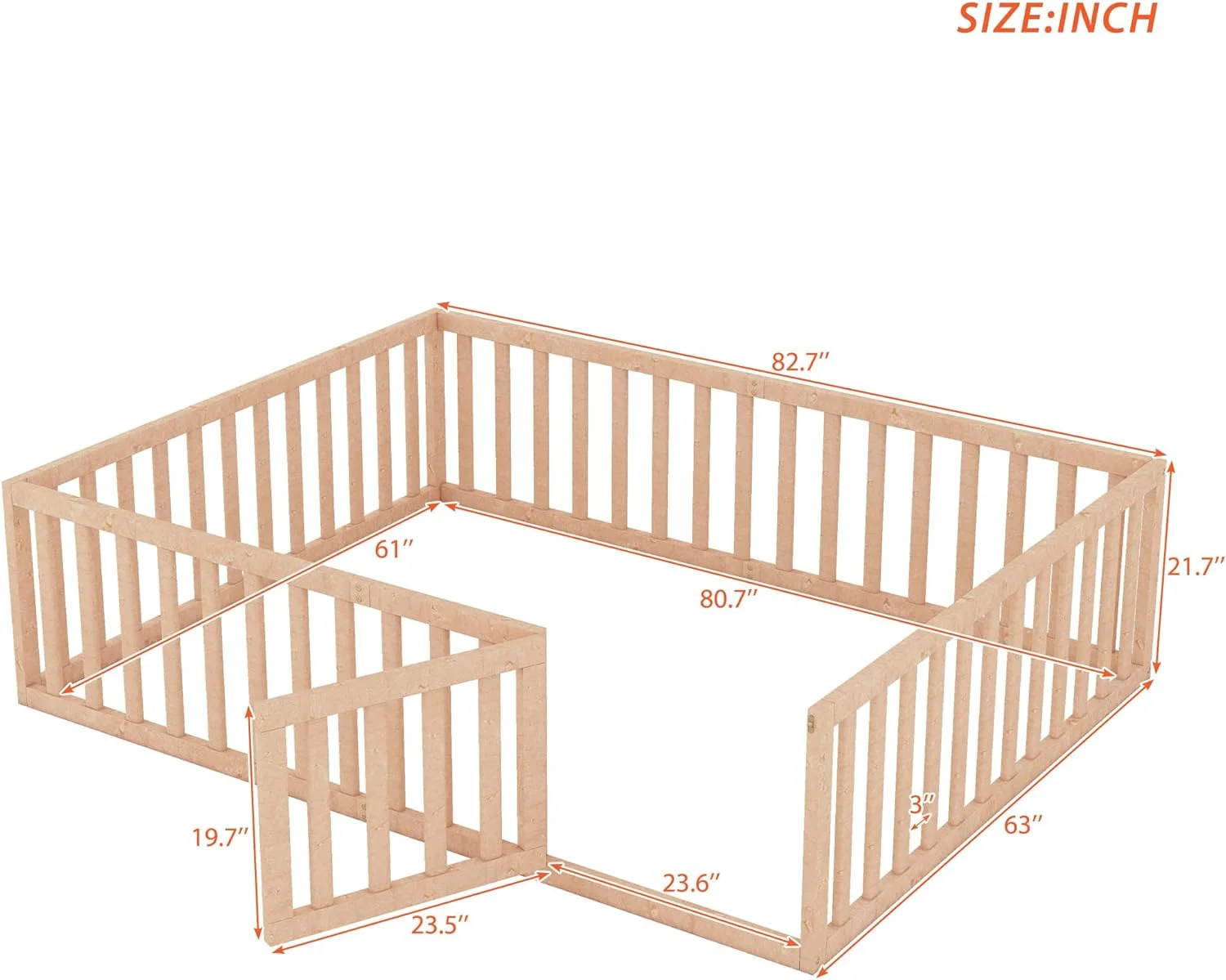 Queen Floor Bed With Fence For Kids, Montessori Floor Bed, Wood Platform Bed Frame Cabin Bed For Girls Boys, Natural