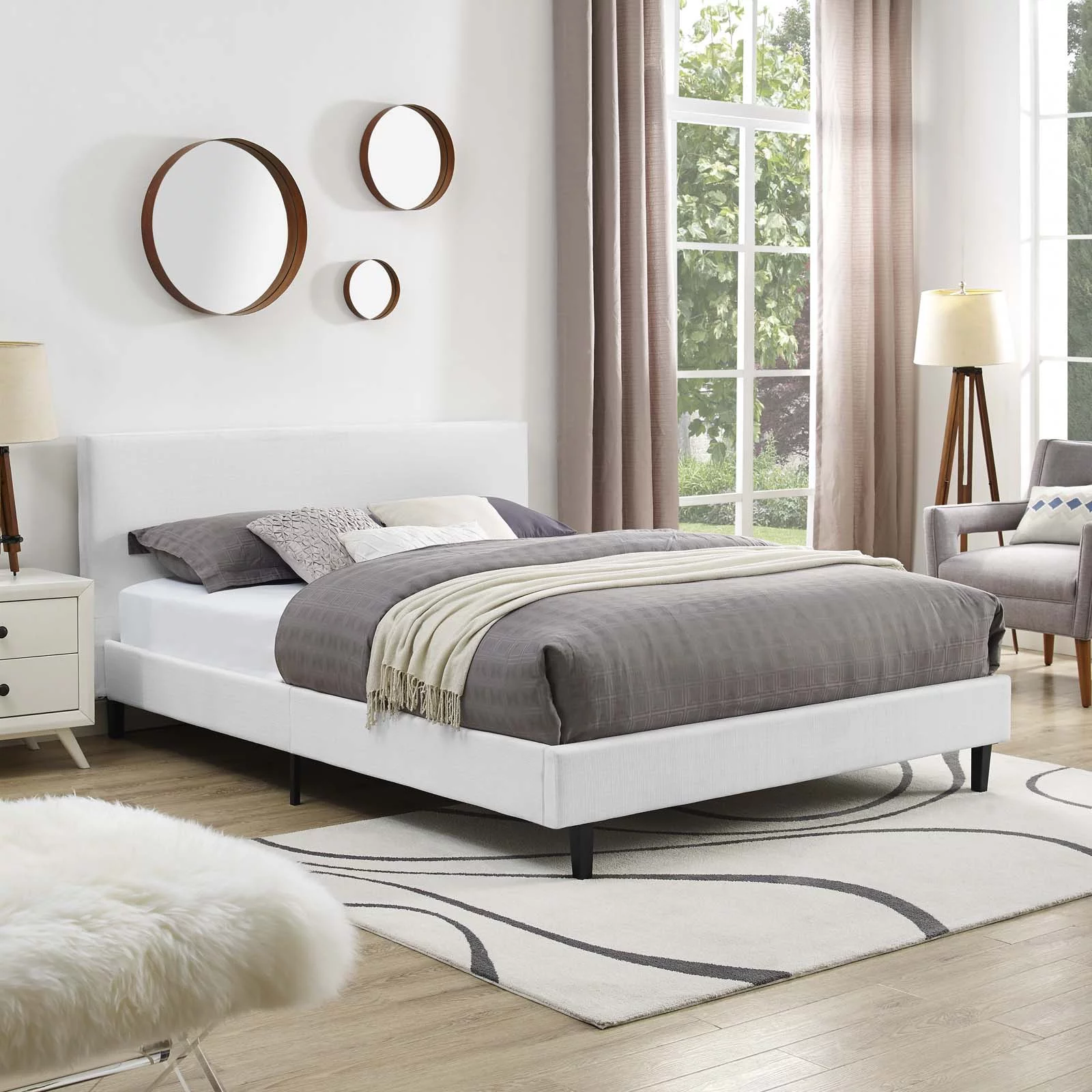 Modern Contemporary Urban Design Bedroom Queen Size Platform Bed Frame, Fabric, White