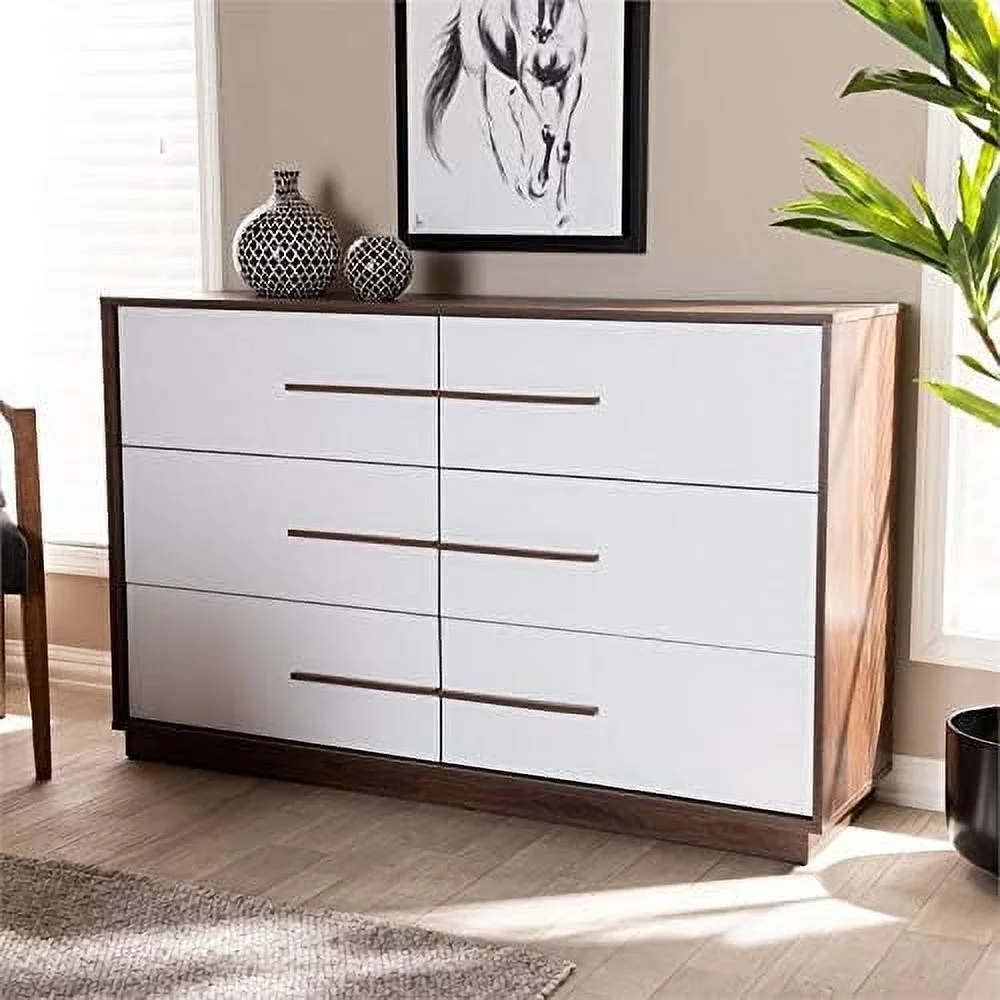 Mette 6-Drawer Wood Dresser In White And Walnut