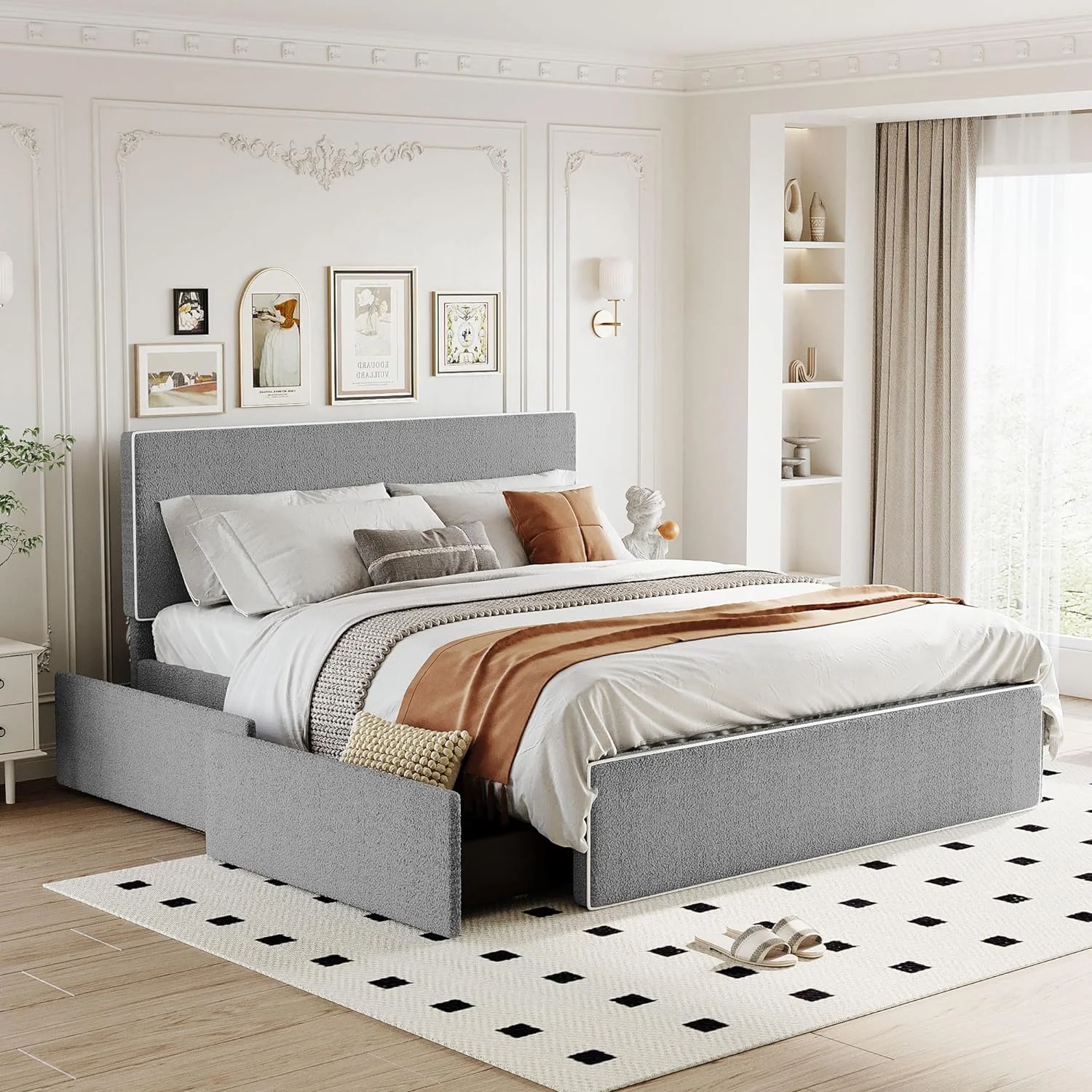 Queen Size Upholstered Platform Bed With 4 Storage Drawers, Headboard & Footboard, Fleece Fabric Queen Storage Bed Frame For Bedroom, Gray, HZG-SF000034AAE