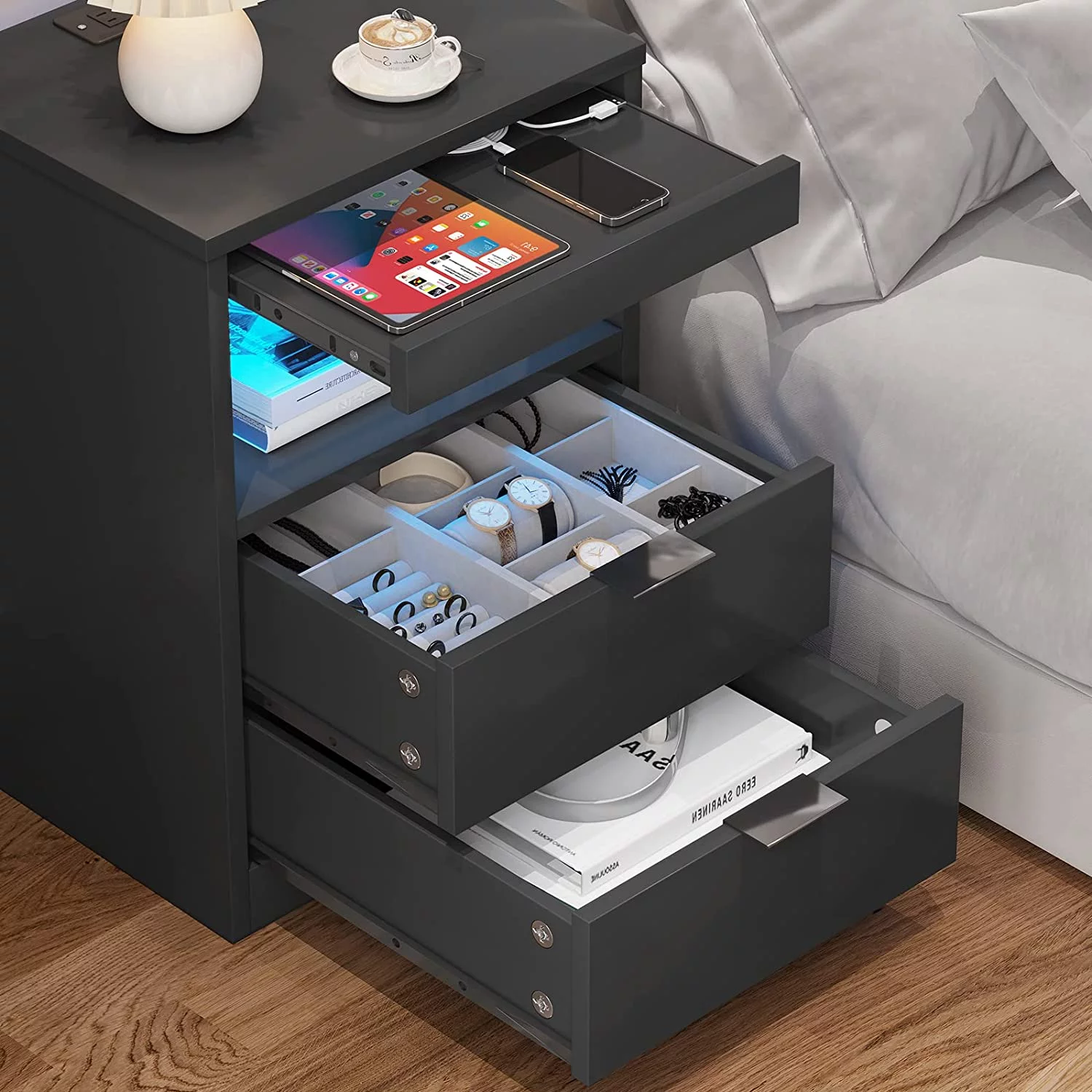 Tiptiper Nightstand with Wireless Charging Station 2 Drawers,Bedside Table with with LED Lights, Black