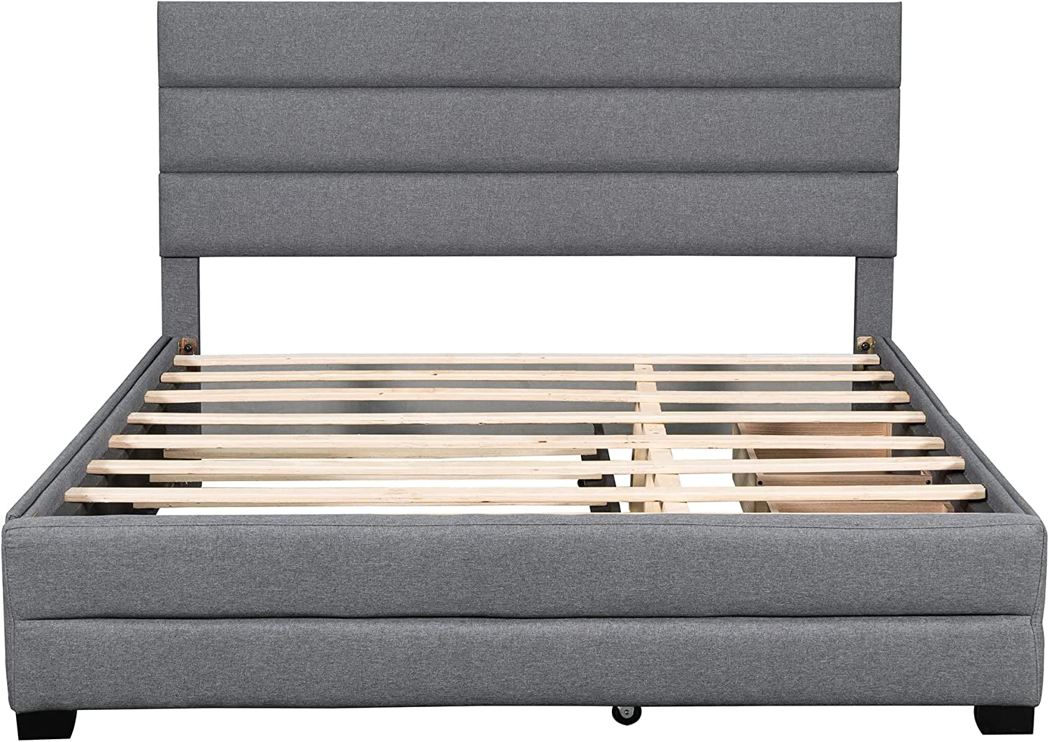 Modern Linen Upholstered Platform Bed with Trundle and 2 Drawers, Queen Size Platform Bed, Wooden Slats Support, No Box Spring Needed