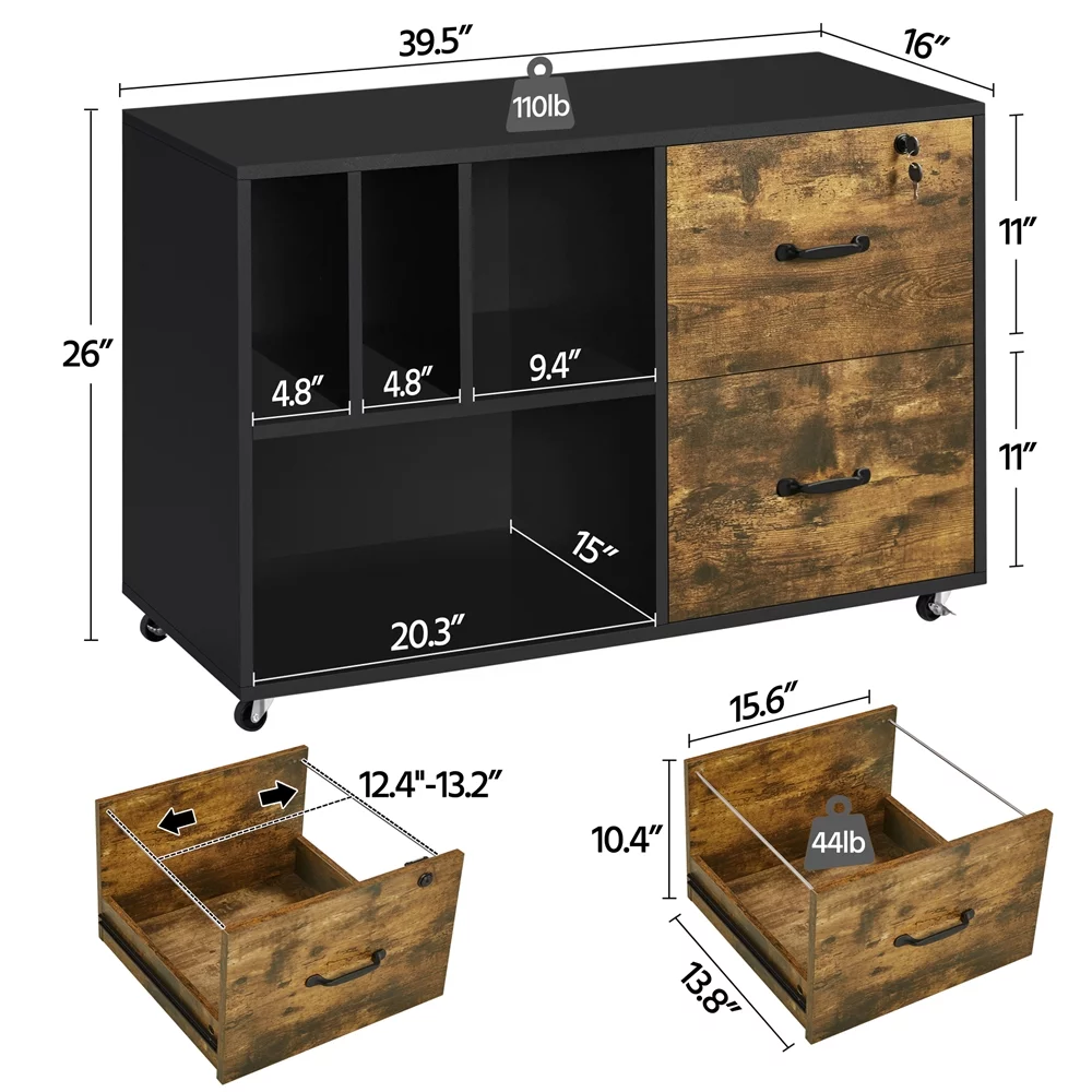 Smile Mart  Designs Rolling File Cabinet with 2 Drawers and Open Shelving, Rustic Brown