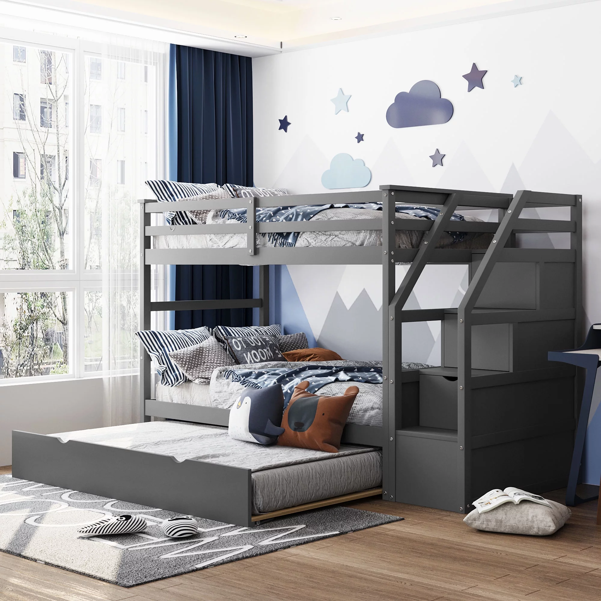 ikayaa Twin-Over-Twin Bunk Bed with Twin Size Trundle and 3 Storage Stairs,Gray,Multifunctional Trundle Bunk Bed with Stairs