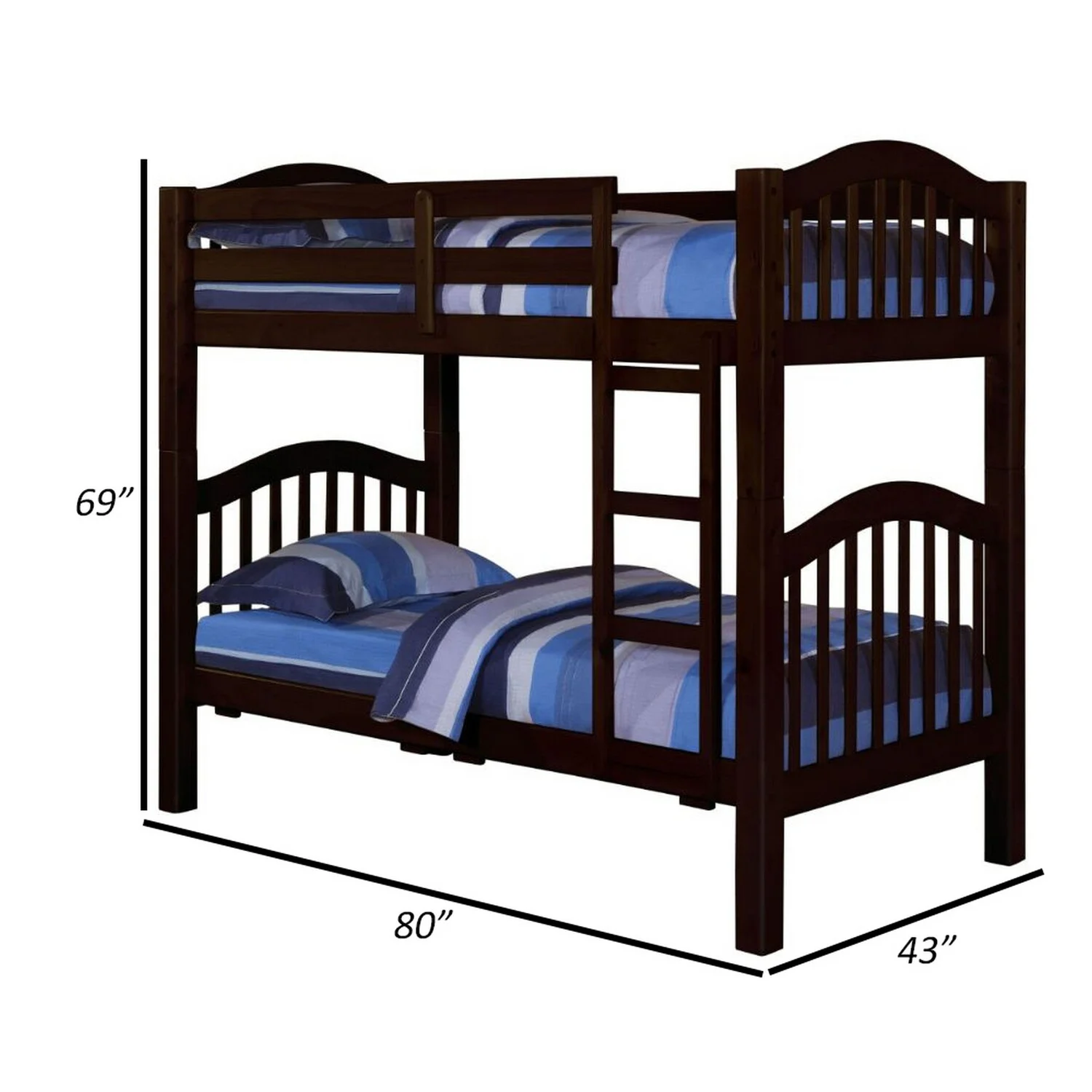BenJara Twin Over Twin Bunk Bed, Pine Wood, Slatted Headboard, Espresso Brown
