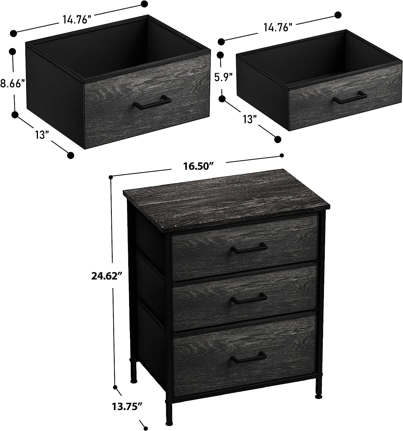 Sorbus Nightstand with 3 Drawers - Steel Frame, Wood Top & Easy Pull Fabric Bins - Perfect for Home, Bedroom, Office & College Dorm (Rustic Black)