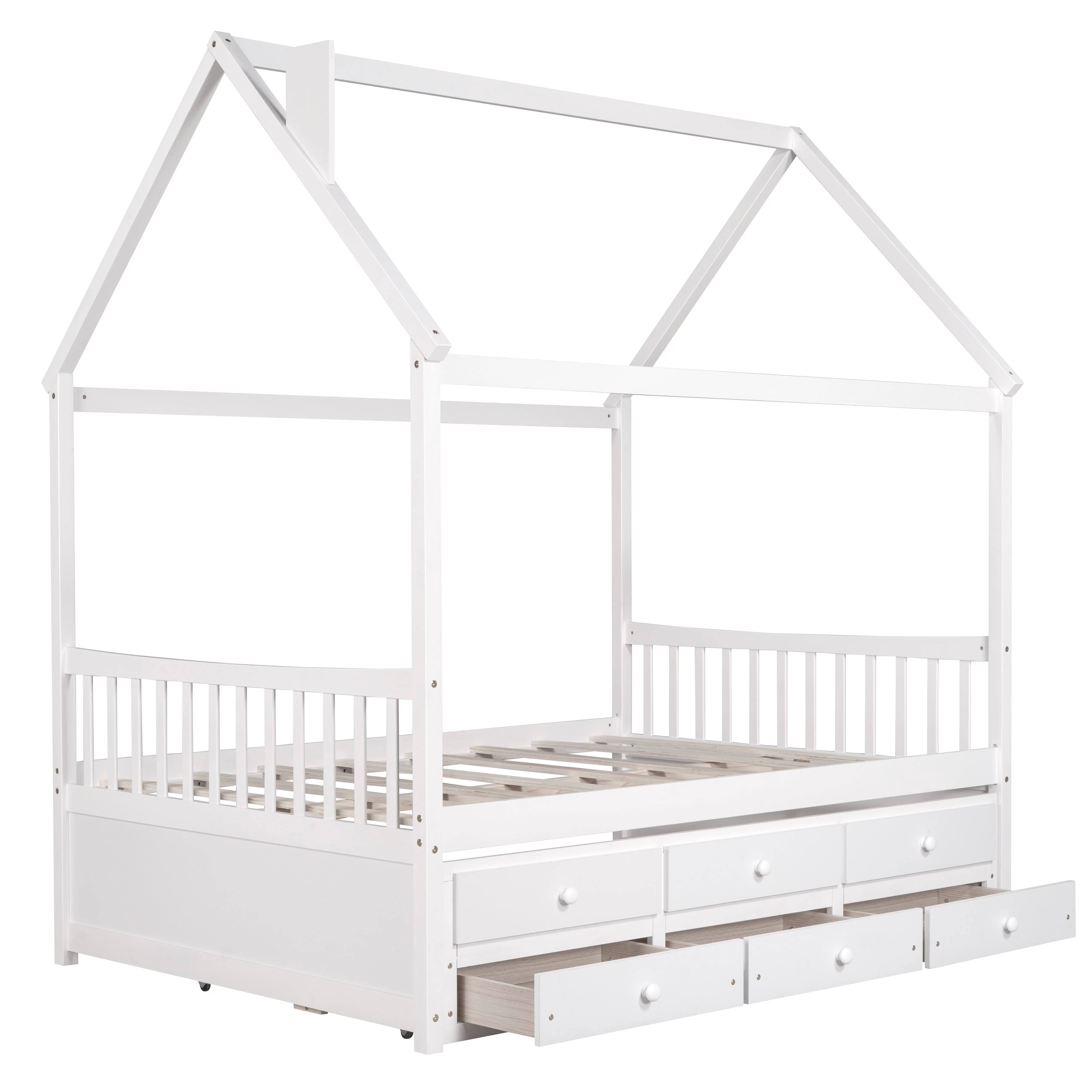 Dcenta Full size Wooden House Bed with Trundle and 3 Storage Drawers-White