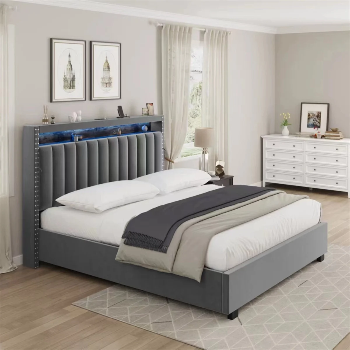 Queen Size Gas Lift Up Storage Bed with RF LED Lights and Storage Headboard, No Box Spring Needed & Easy Assembly, Gray