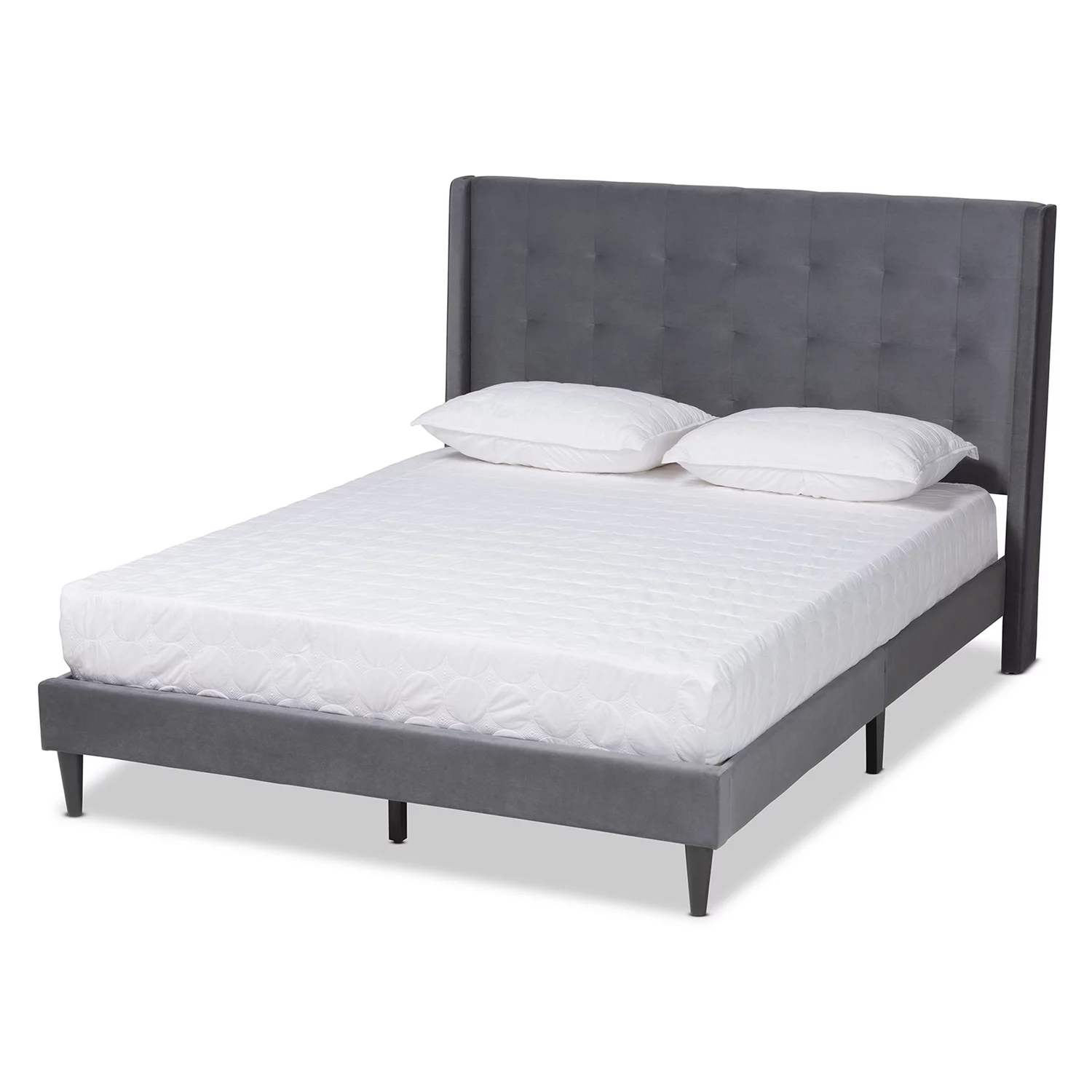 Baxton Studio Gothard Gray Velvet and Dark Brown Wood Queen Size Platform Bed