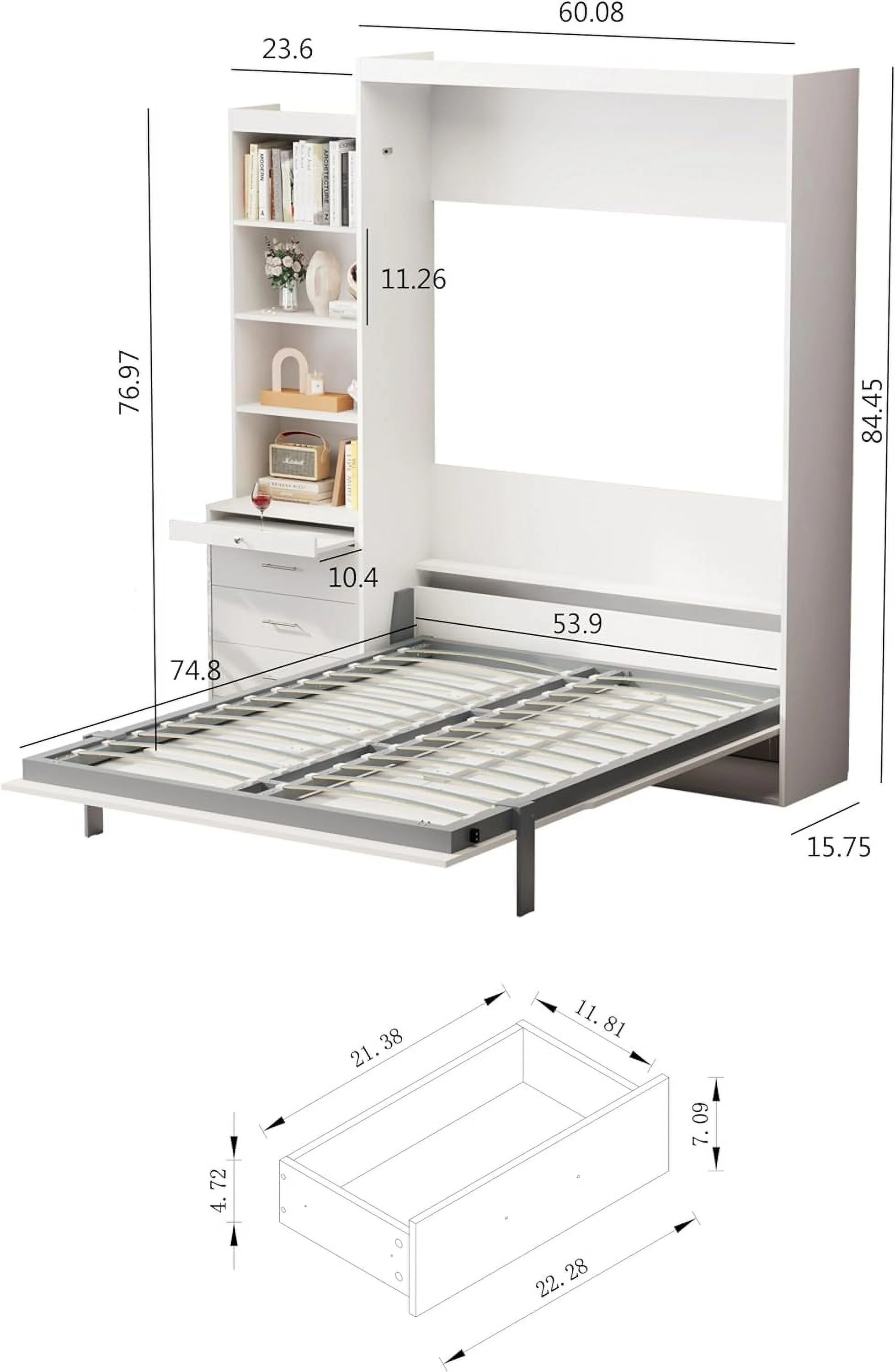 Full Size Murphy Bed With Ope Storage Shelves Ad Drawers, Moder Full Size Foldig Bed Frame, Space Savig Wall Bed Gas Struts For Bedroom, Guestroom, White