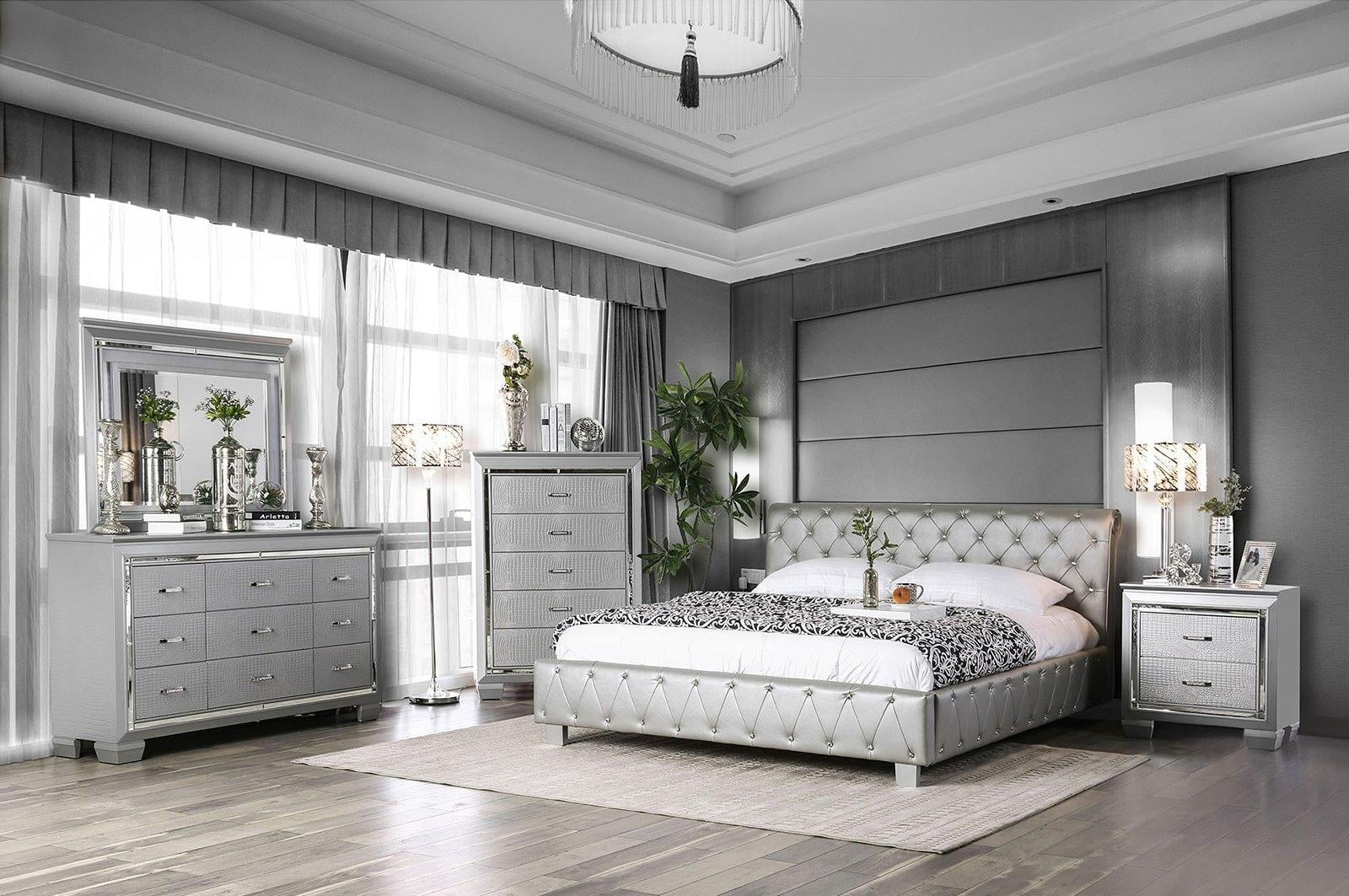 Contemporary Silver Solid Wood King Bedroom Set 6pcs FOA CM7056SV-EK Juilliard