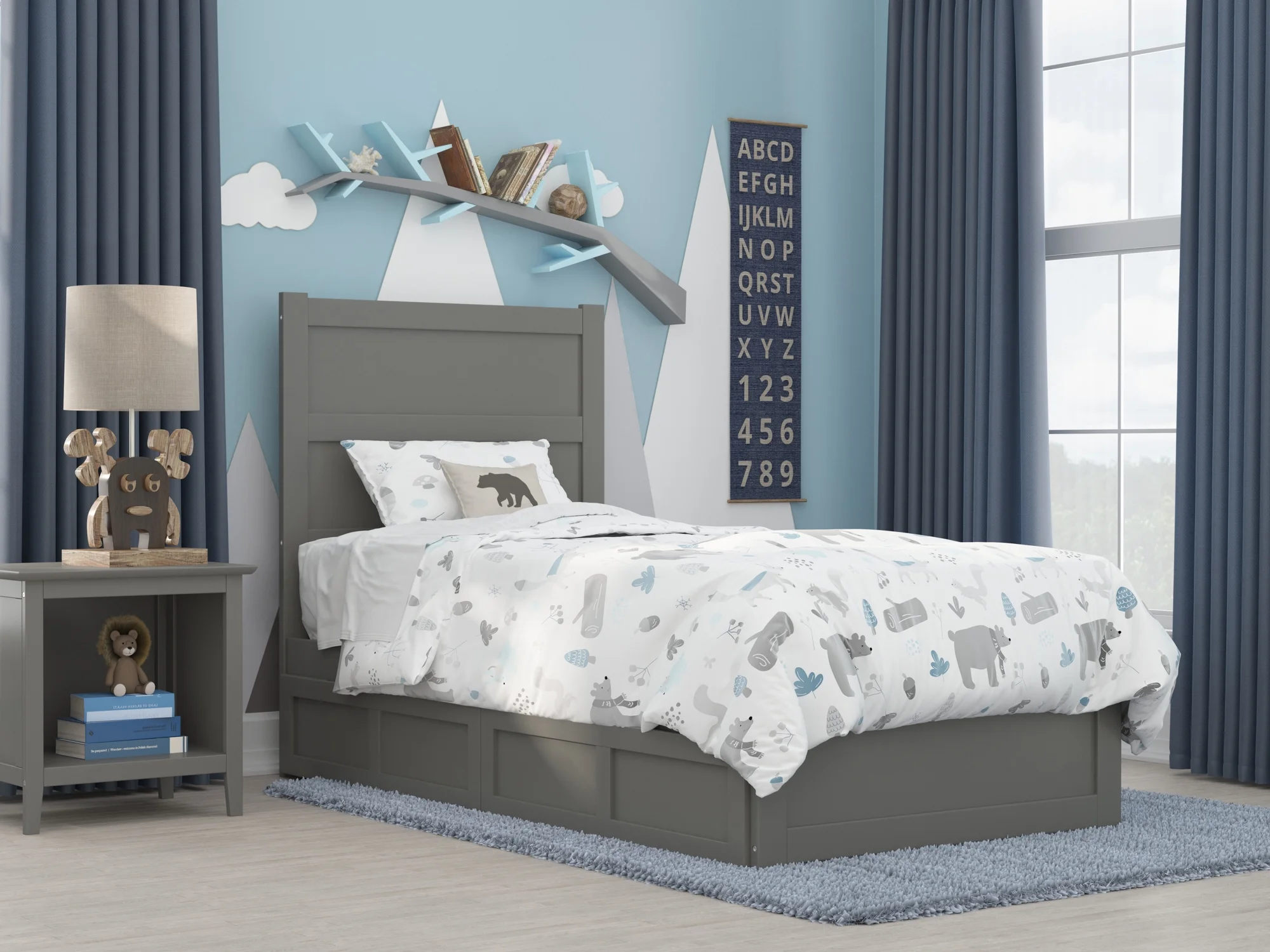 AFI NoHo Twin Wood Platform Bed with Headboard Footboard & 2 Storage Drawers, Grey