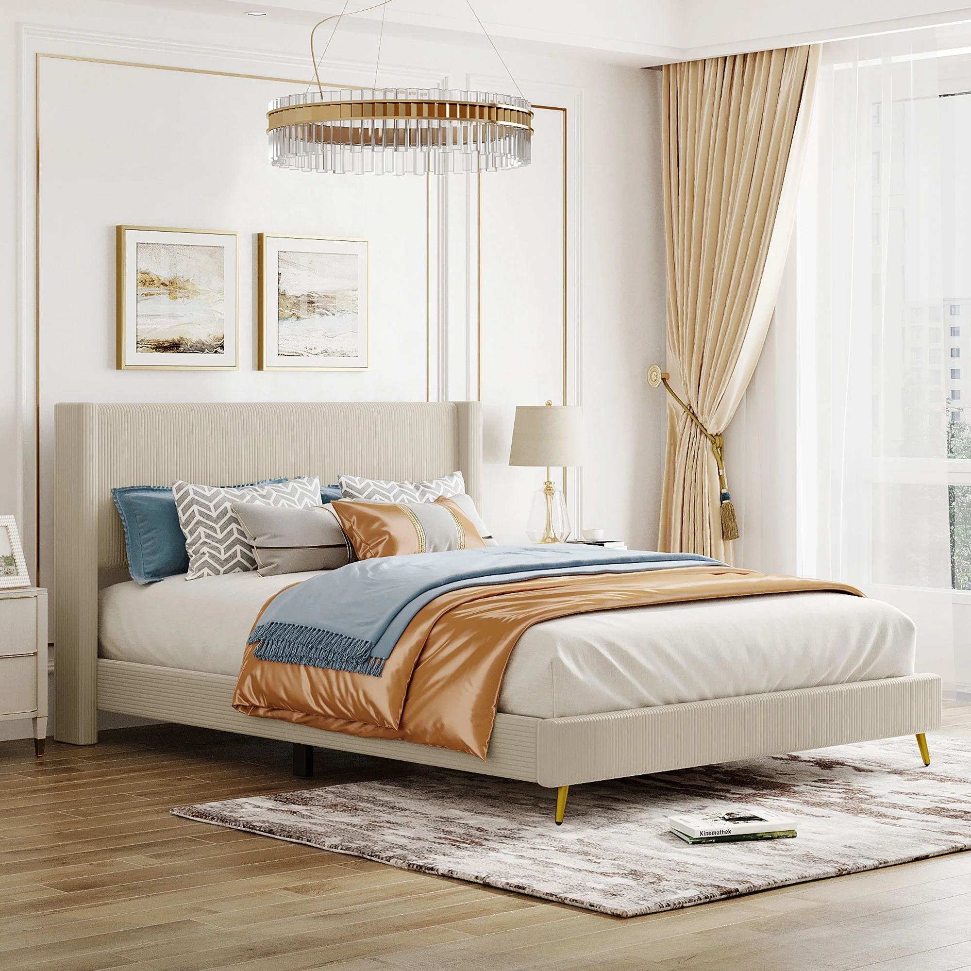 Gewnee Queen Size Corduroy Upholstered Platform Bed Frame with Wingback Headboard and Metal Legs,Beige