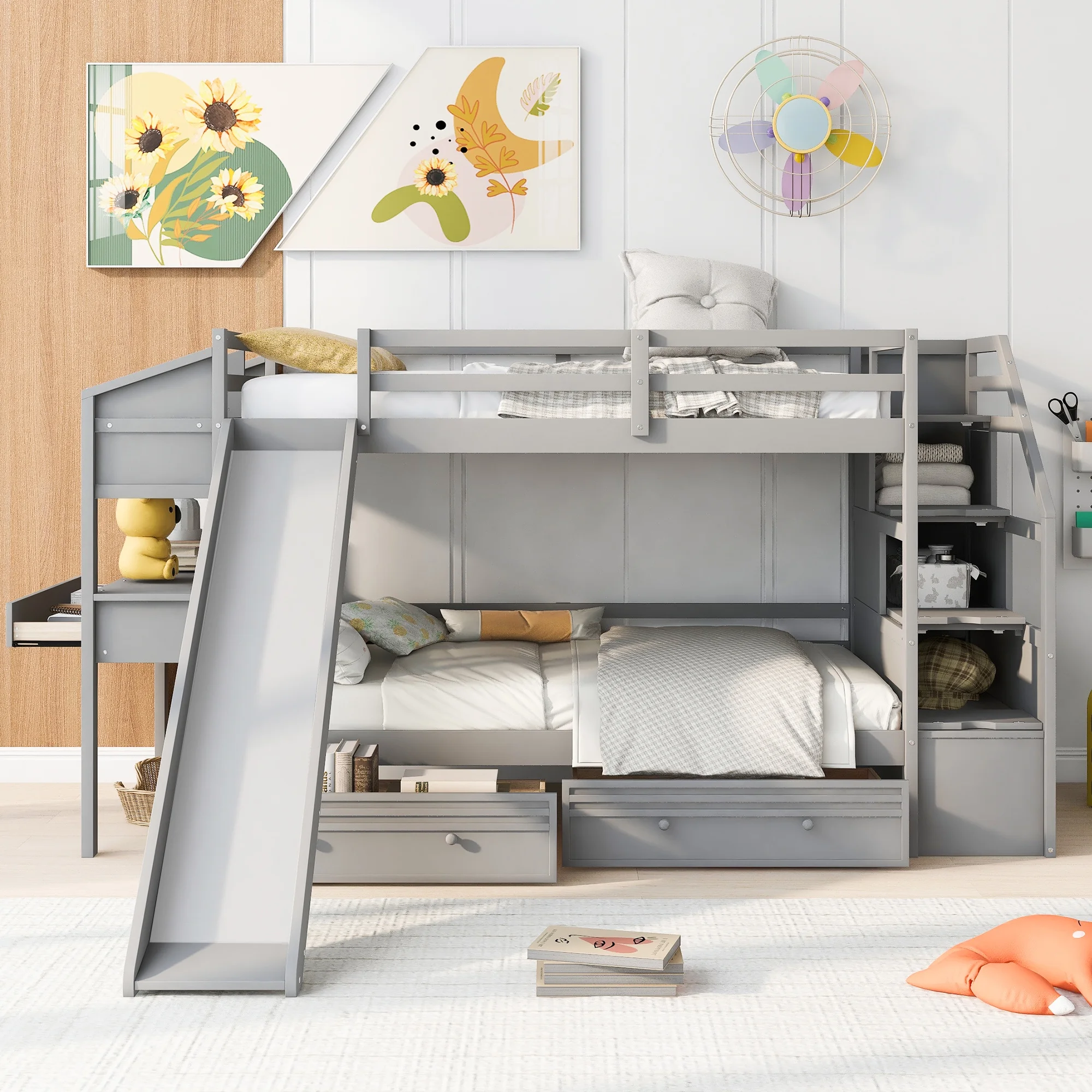 Euroco Wood Twin over Twin Bunk Bed with Desk and Slide, 4 Drawers and Shelf, Bookcase and Storage Staircase for Kids, Gray