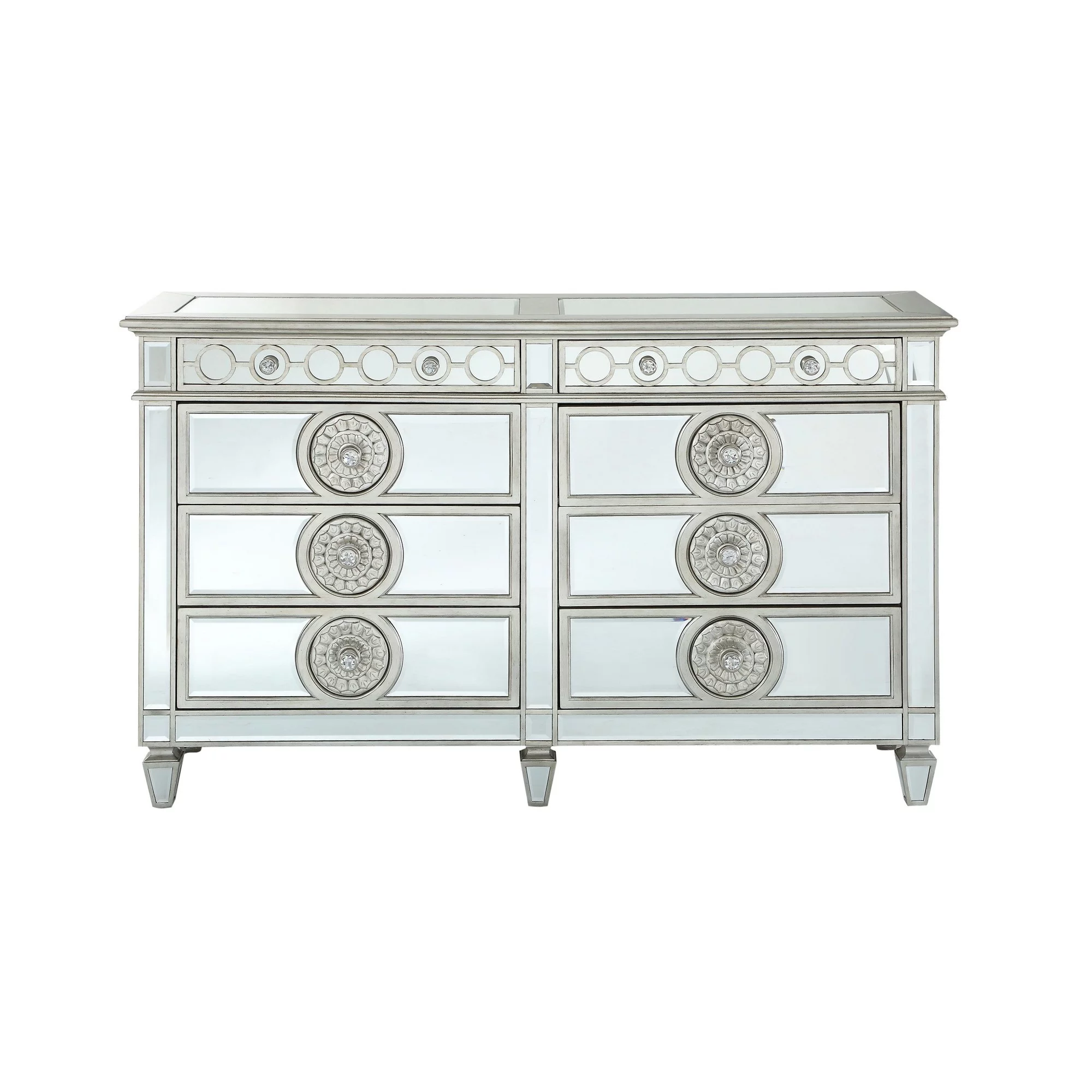 Dresser with Mirror Front 8 Drawers and Sunburst Motifs, Silver