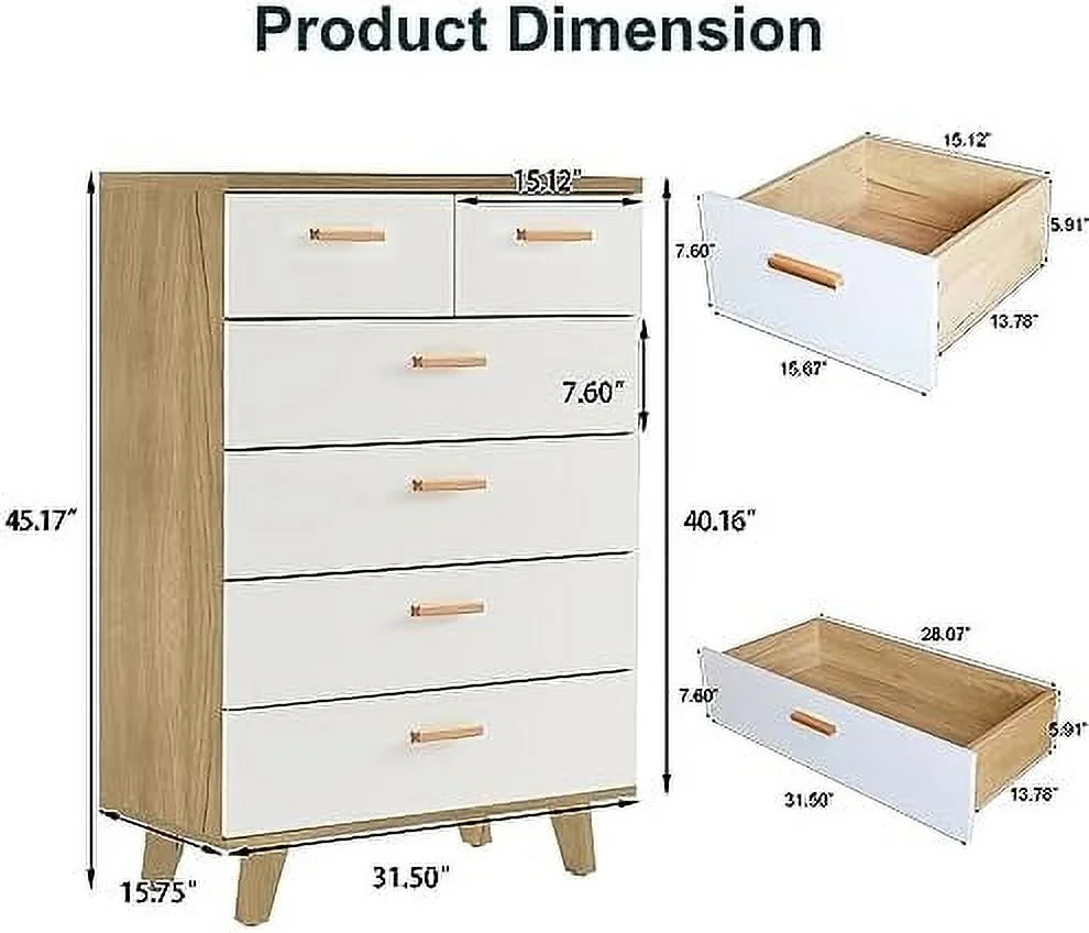 6 Drawer White Wide Dresser Wood Organizer Drawer Chest for Nursery Living Room Hallway Bedroom White
