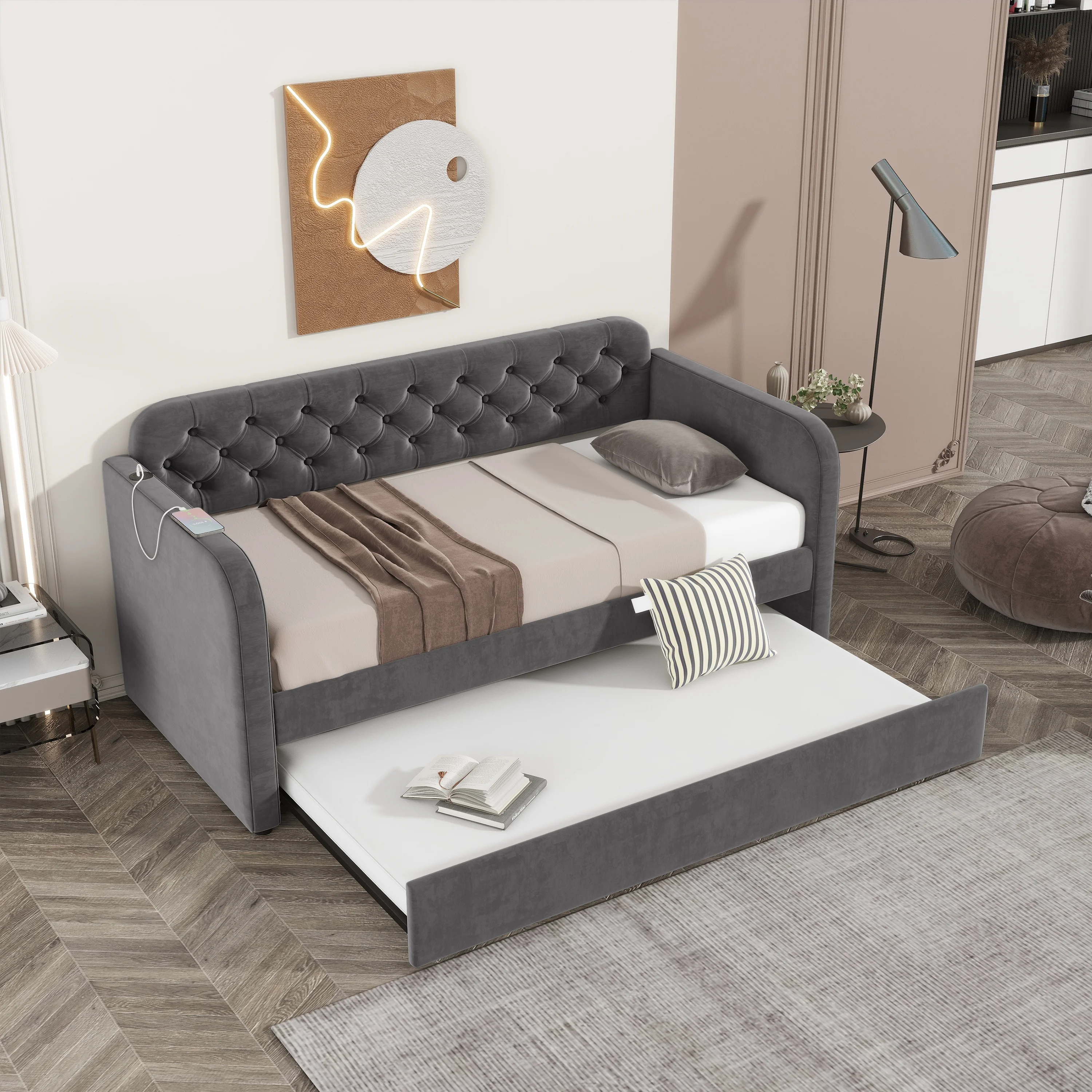Muumblus Twin Size Daybed with Trundle, Modern Trundle Bed with USB Ports, Tufted Sofa Bed Frame for Bedroom, Not Box Spring Required, Dark Gray, Velvet