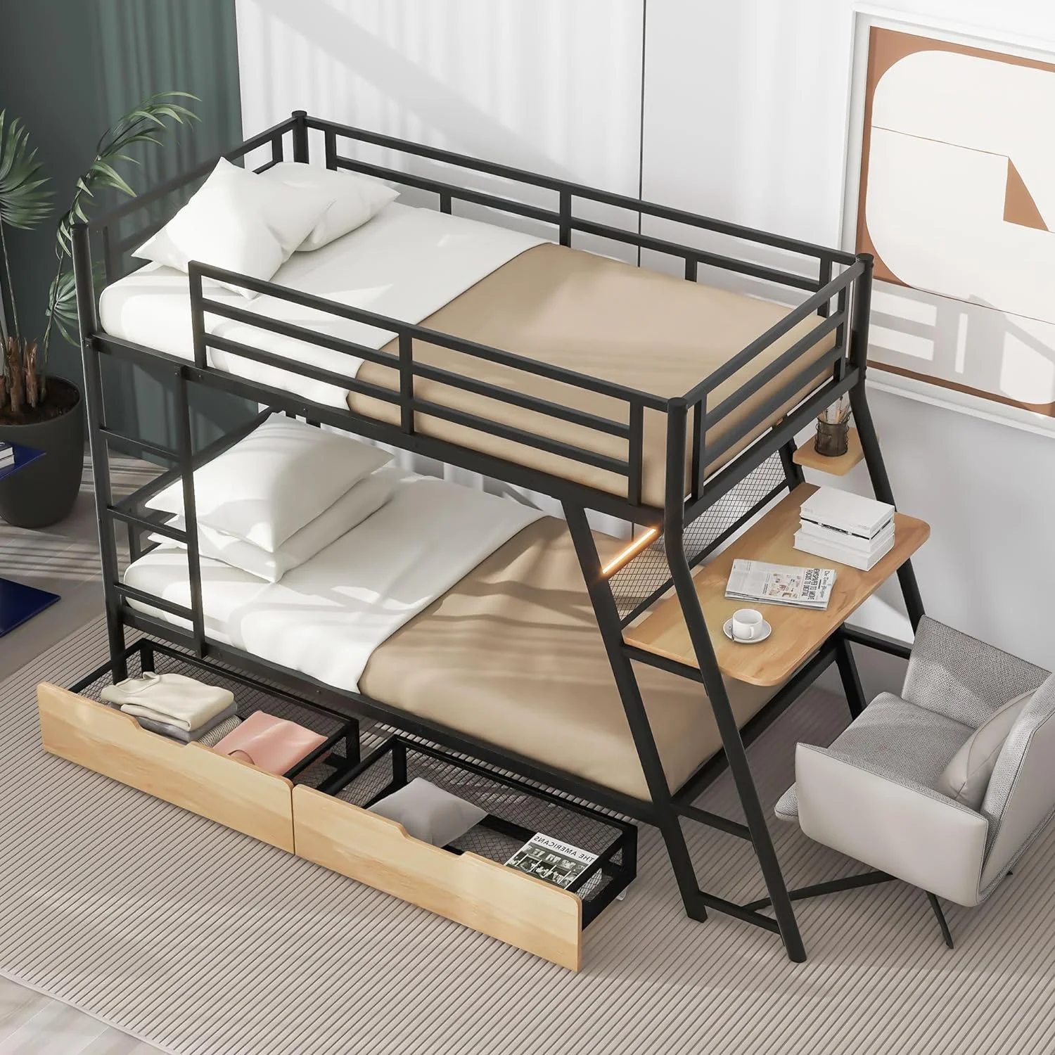 Over Metal Bunk Bed With Built-In Desk, Modern Style Heavy-Duty Steel Frame Bunk Bed With Light And 2 Drawers, Safety Rail And Built-In Ladder For Bedroom, Dorm (Black)